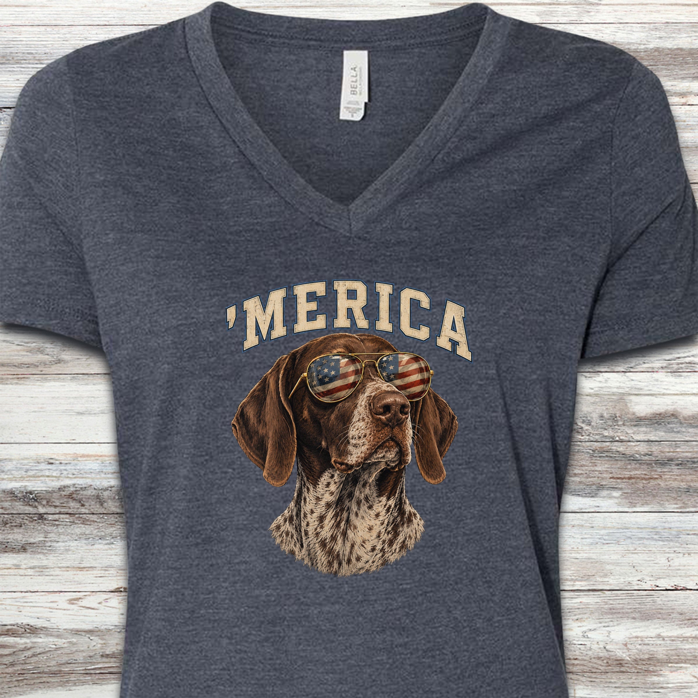 German Shorthaired Pointer 'Merica V-Neck Tee - Heather Navy