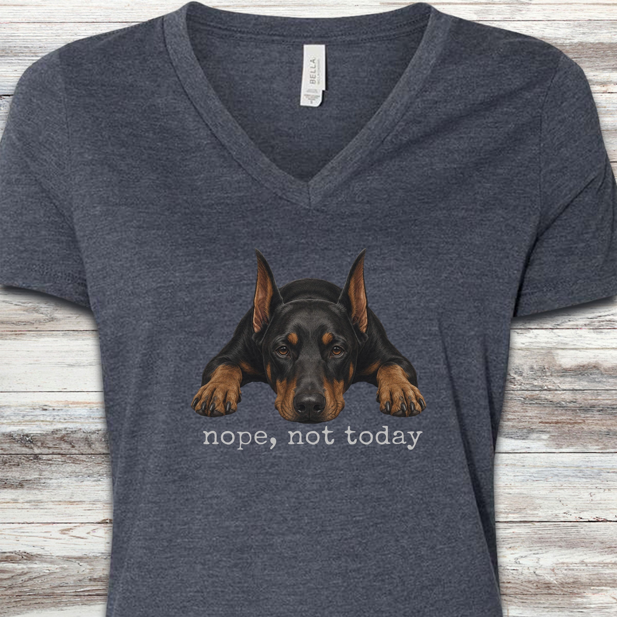 Doberman Nope V-Neck Tee - Heather Navy