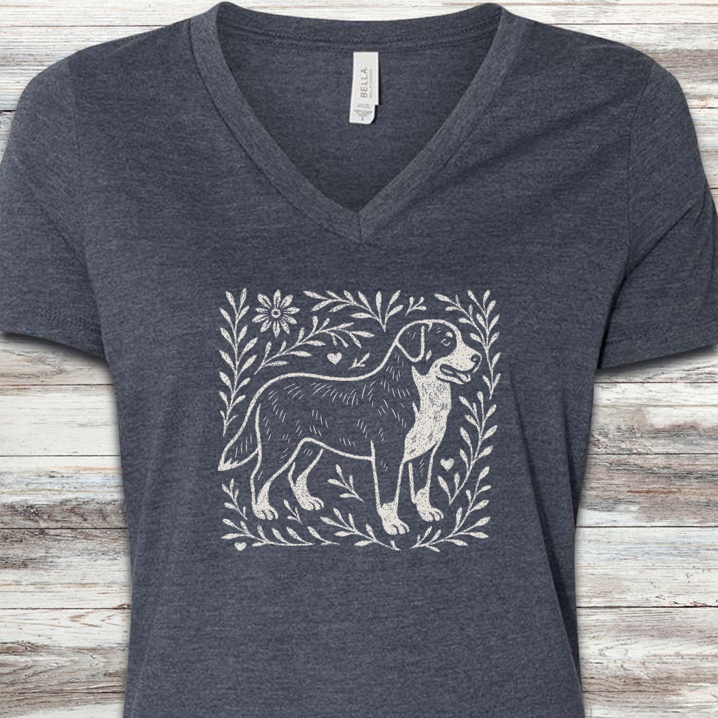Swiss Mountain Dog Linocut V-Neck Tee - Heather Navy