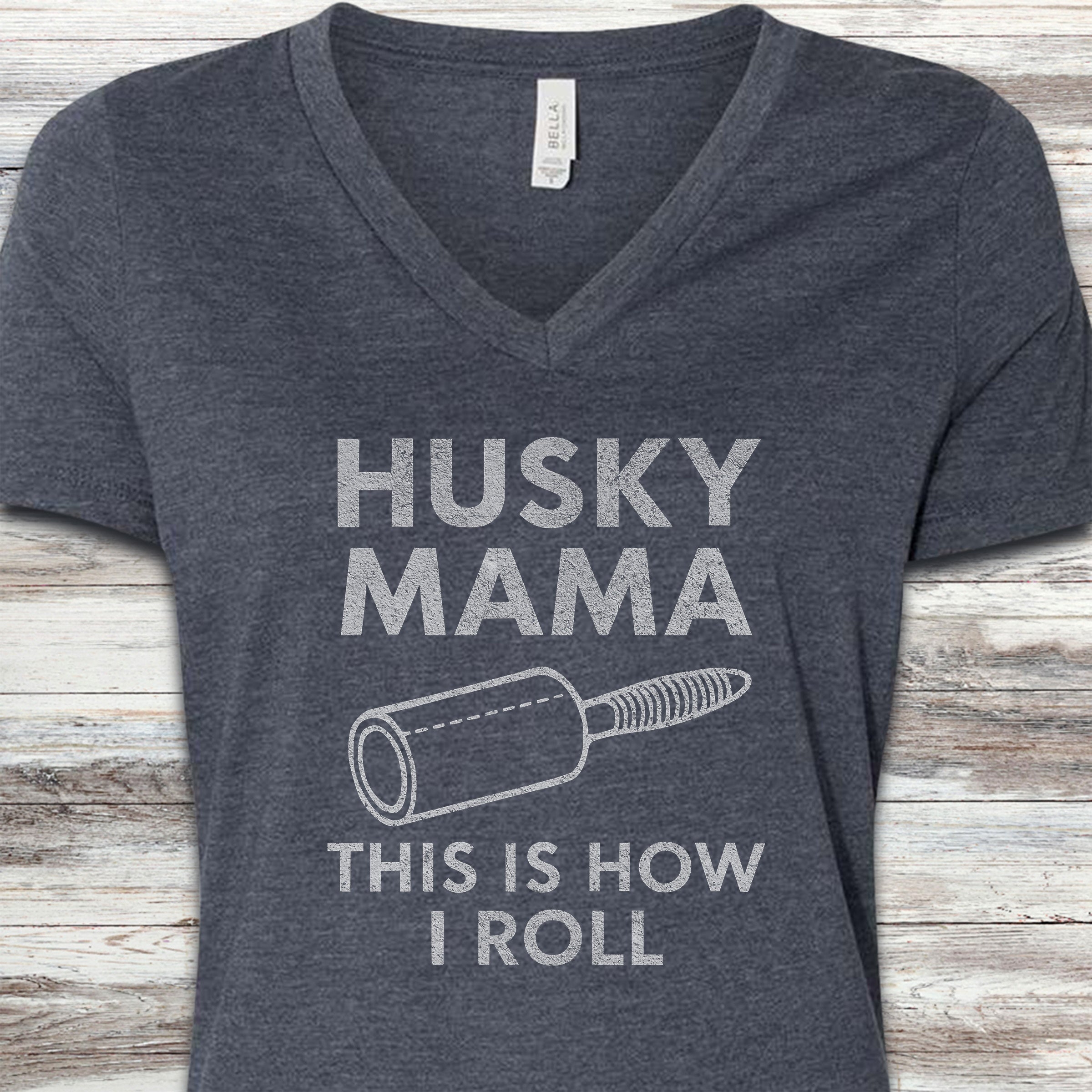 Husky Mama Roll V-Neck Tee - Heather Navy