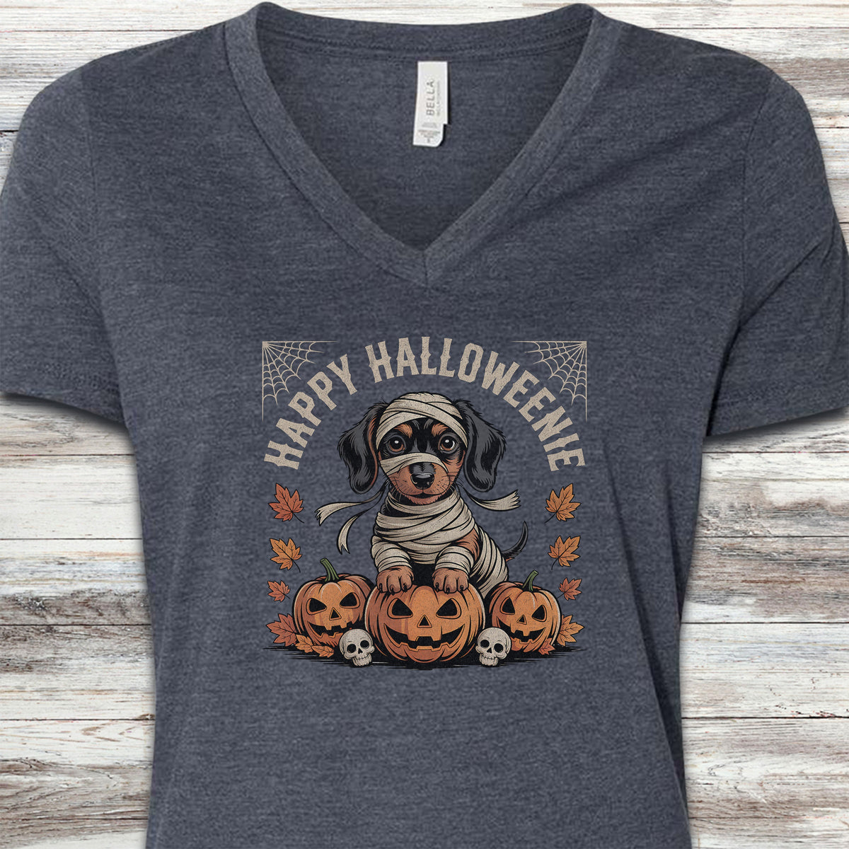 Dachshund Halloweenie V-Neck Tee - Heather Navy