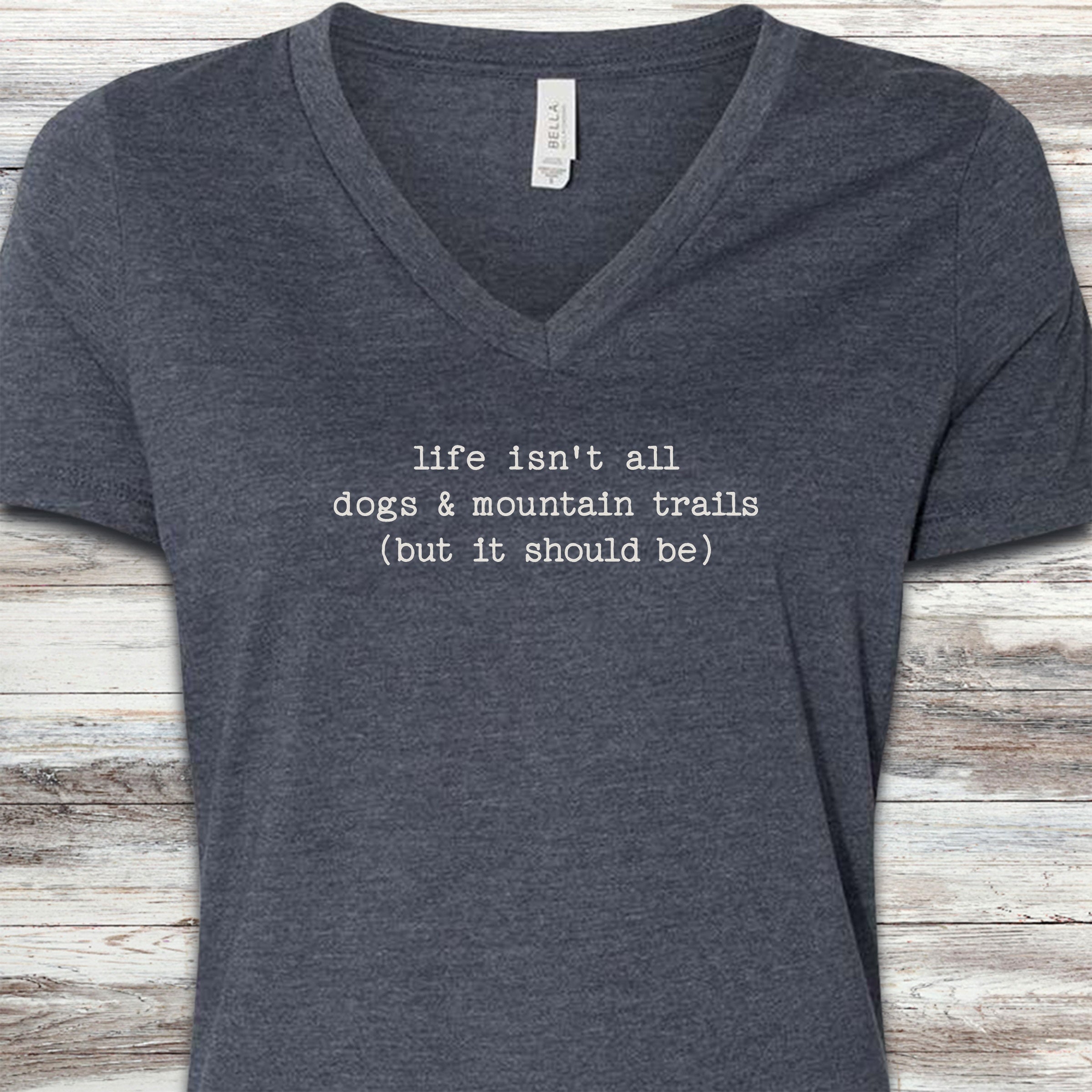 Dogs & Mountain Trails V-Neck Tee - Heather Navy