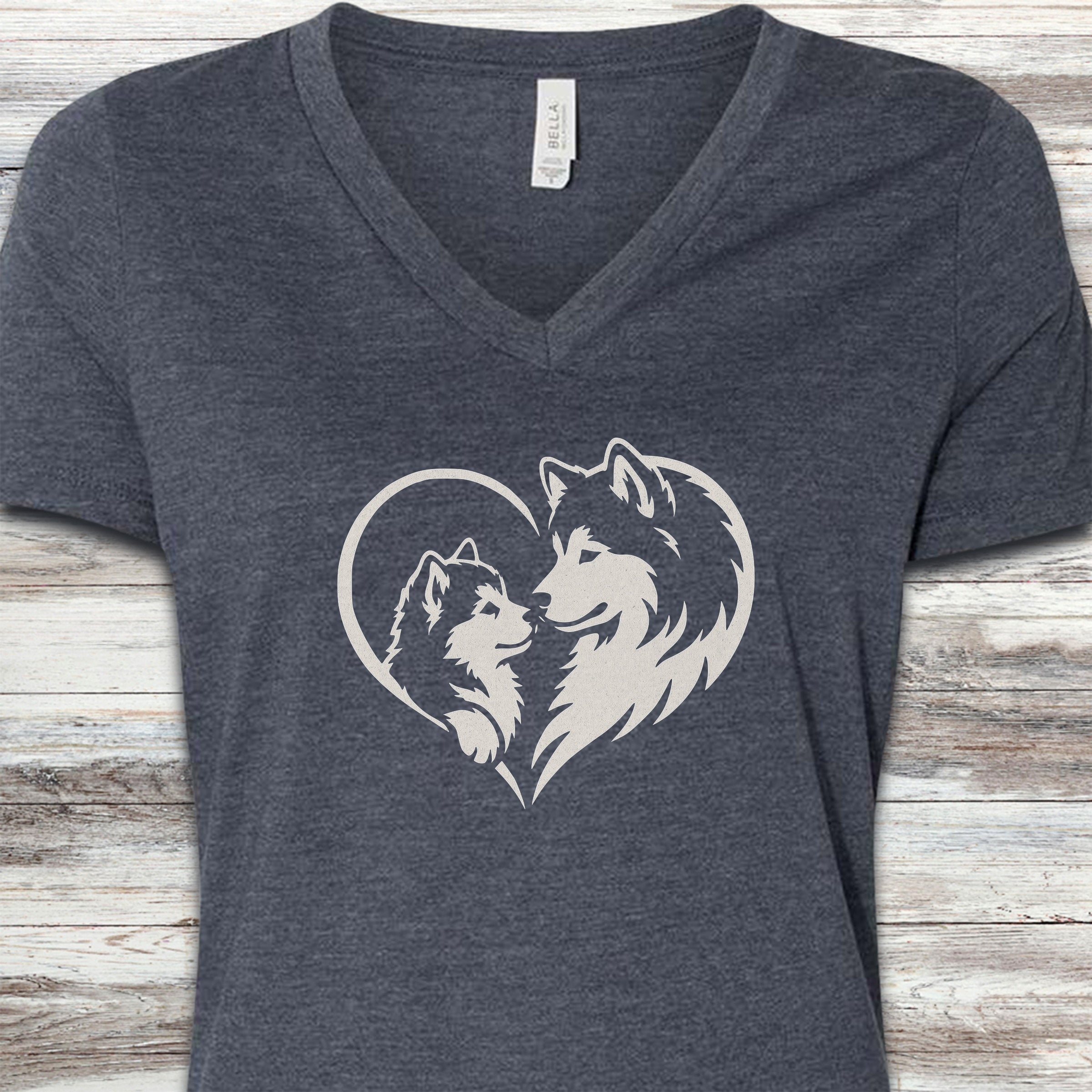 Alaskan Malamute Heart Bond V-Neck Tee - Heather Navy