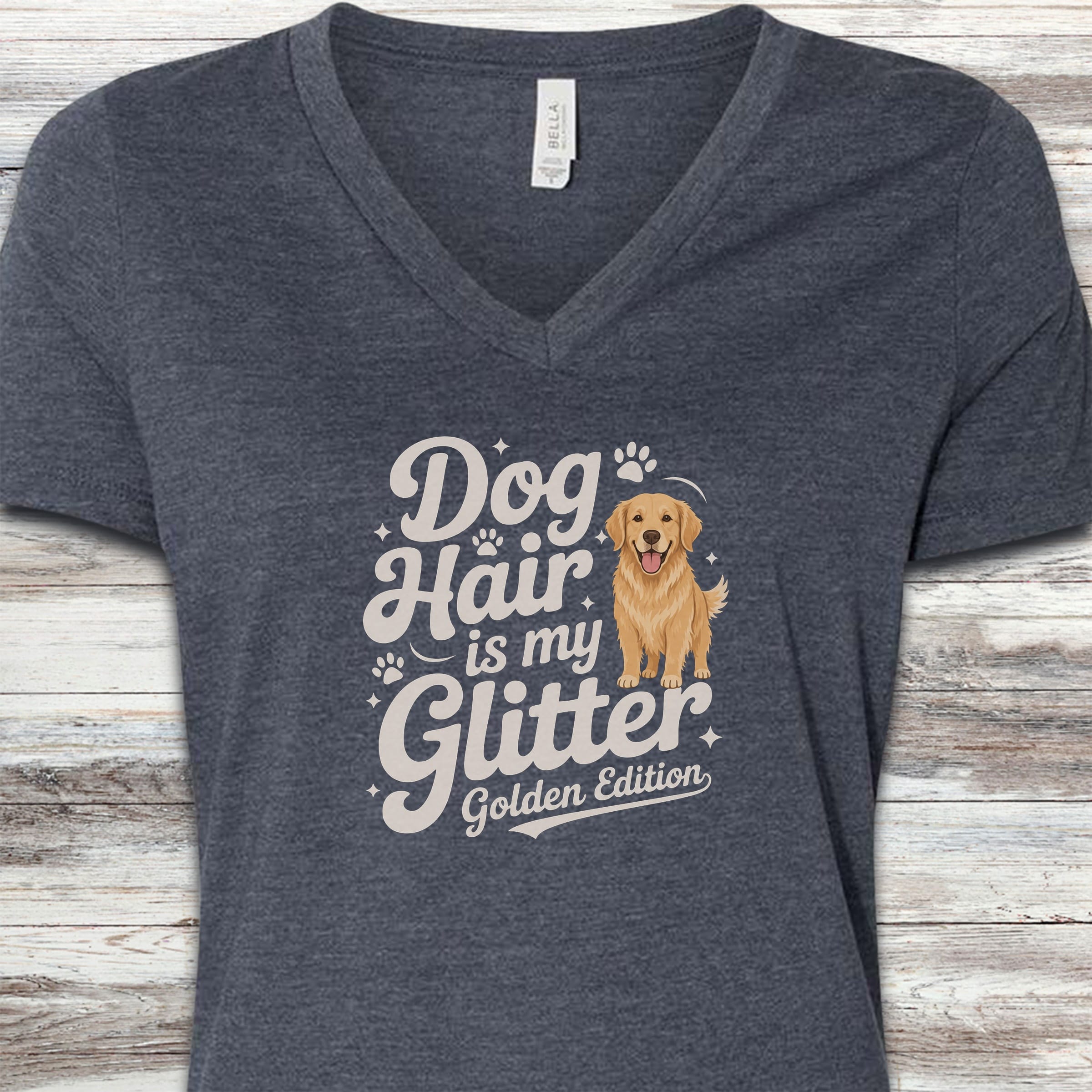 Golden Retriever Glitter V-Neck Tee - Heather Navy