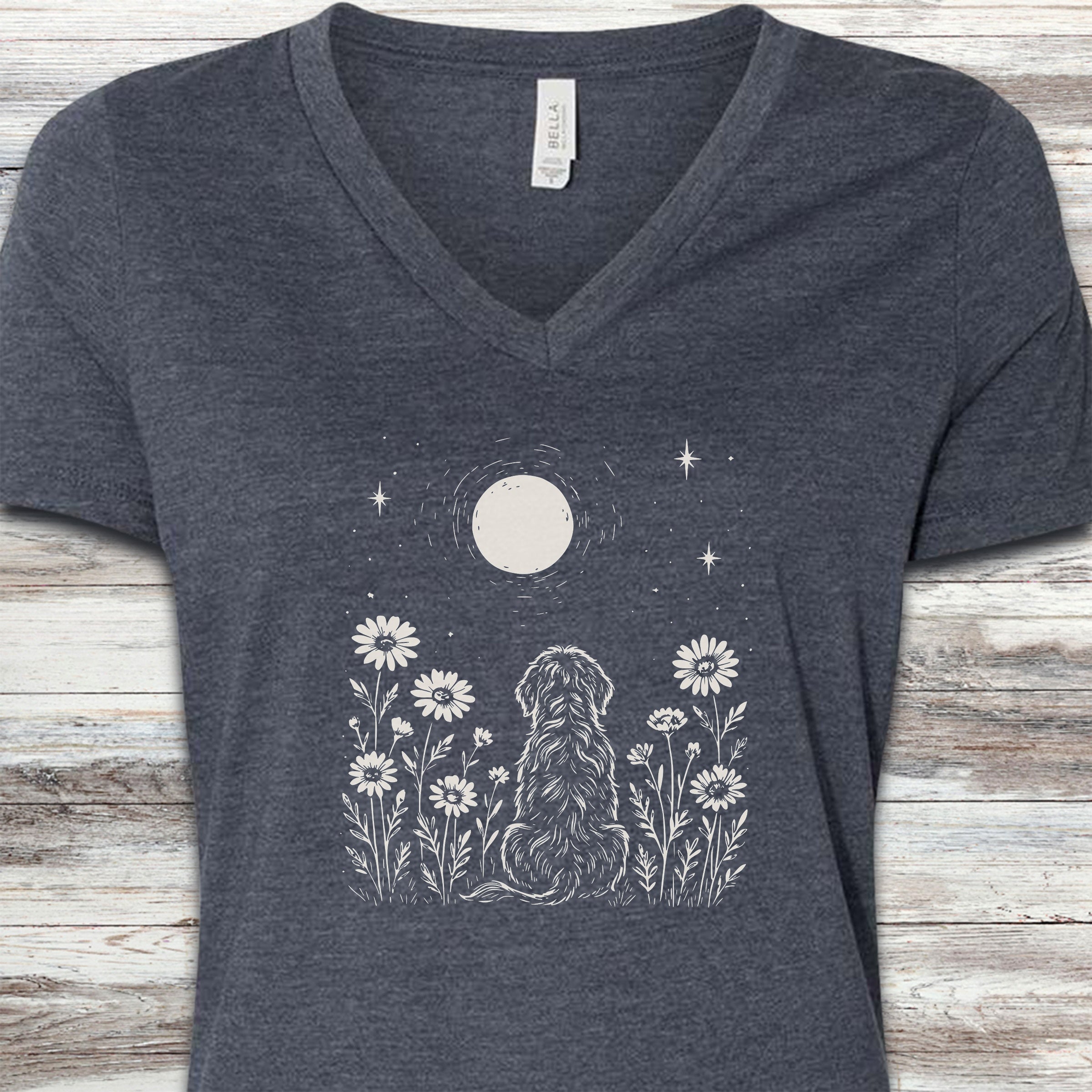 Doodle Moonlight & Wildflowers V-Neck Tee - Heather Navy