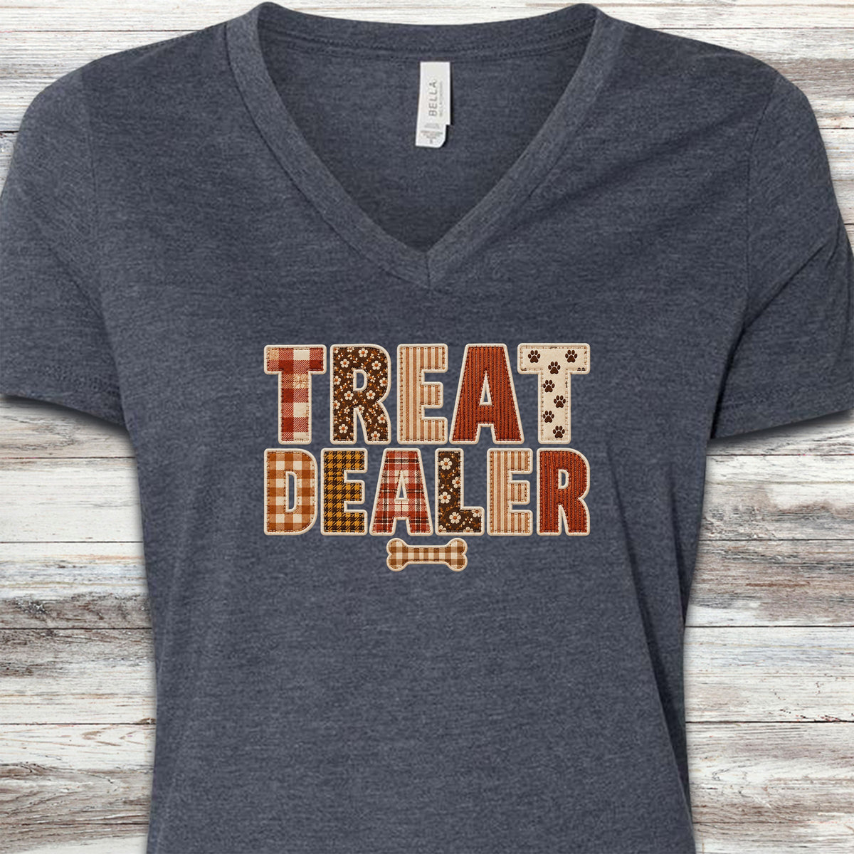 Treat Dealer Fall Faux Patchwork V-Neck Tee - Heather Navy
