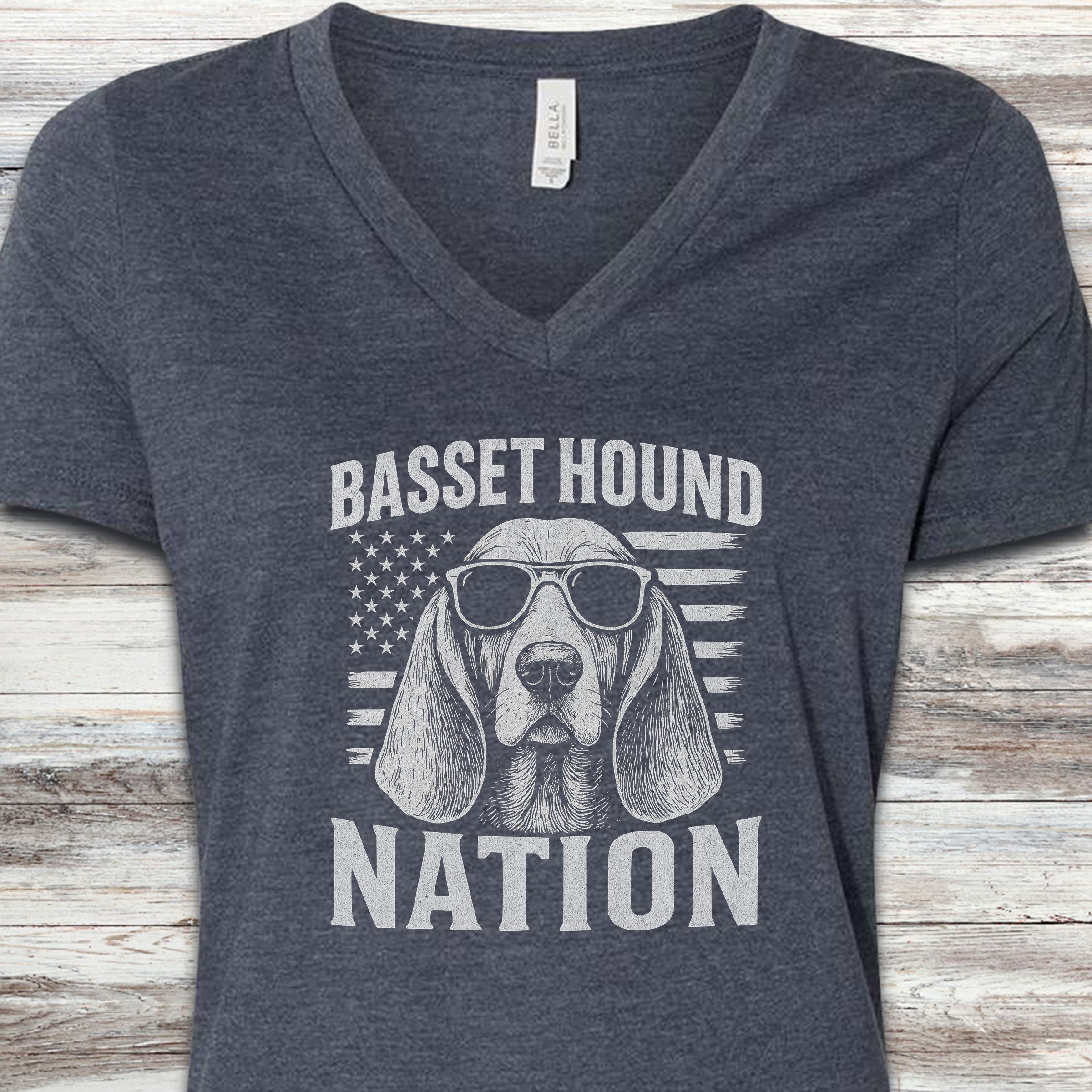 Basset Hound Nation V-Neck Tee - Heather Navy