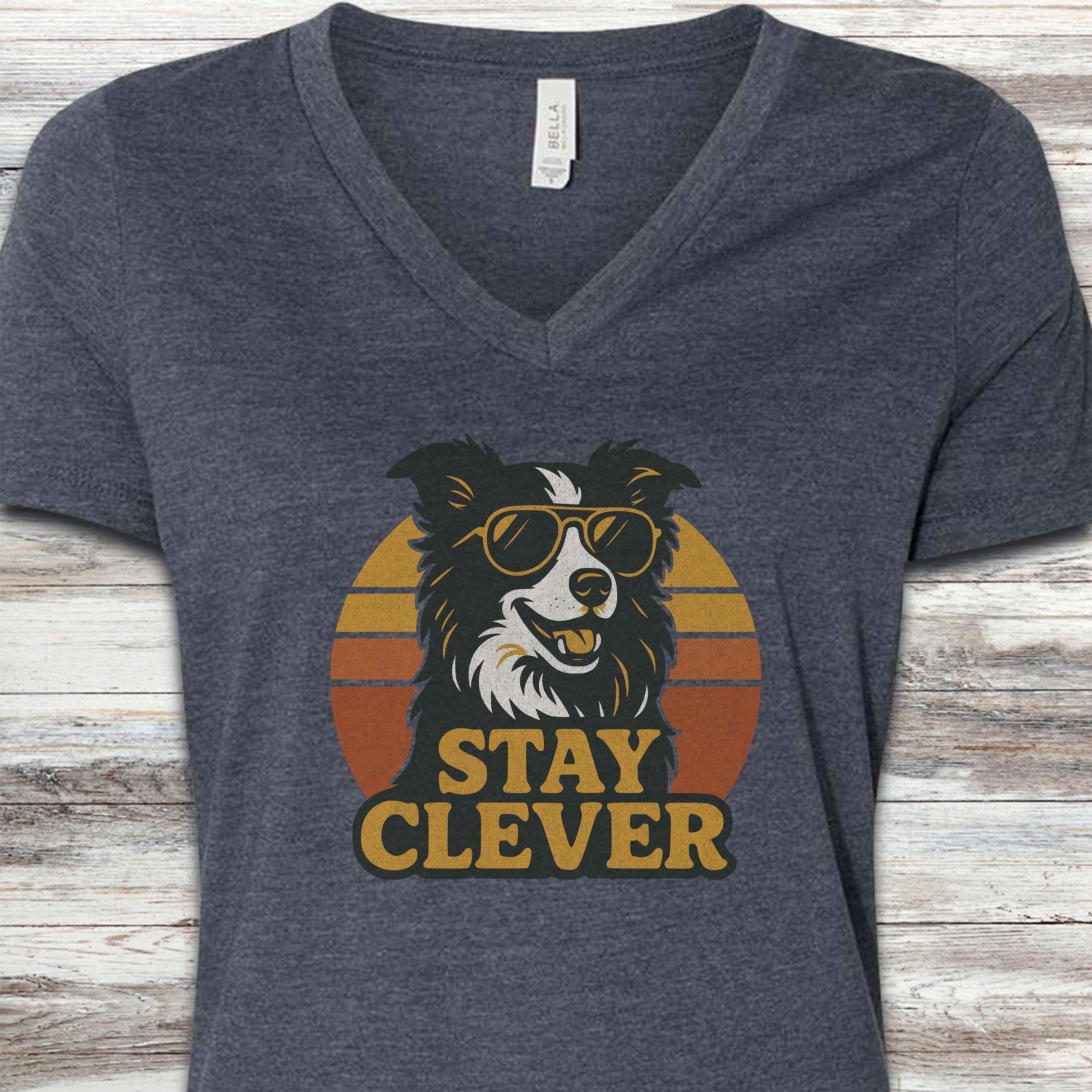 Border Collie Stay Clever V-Neck Tee - Heather Navy