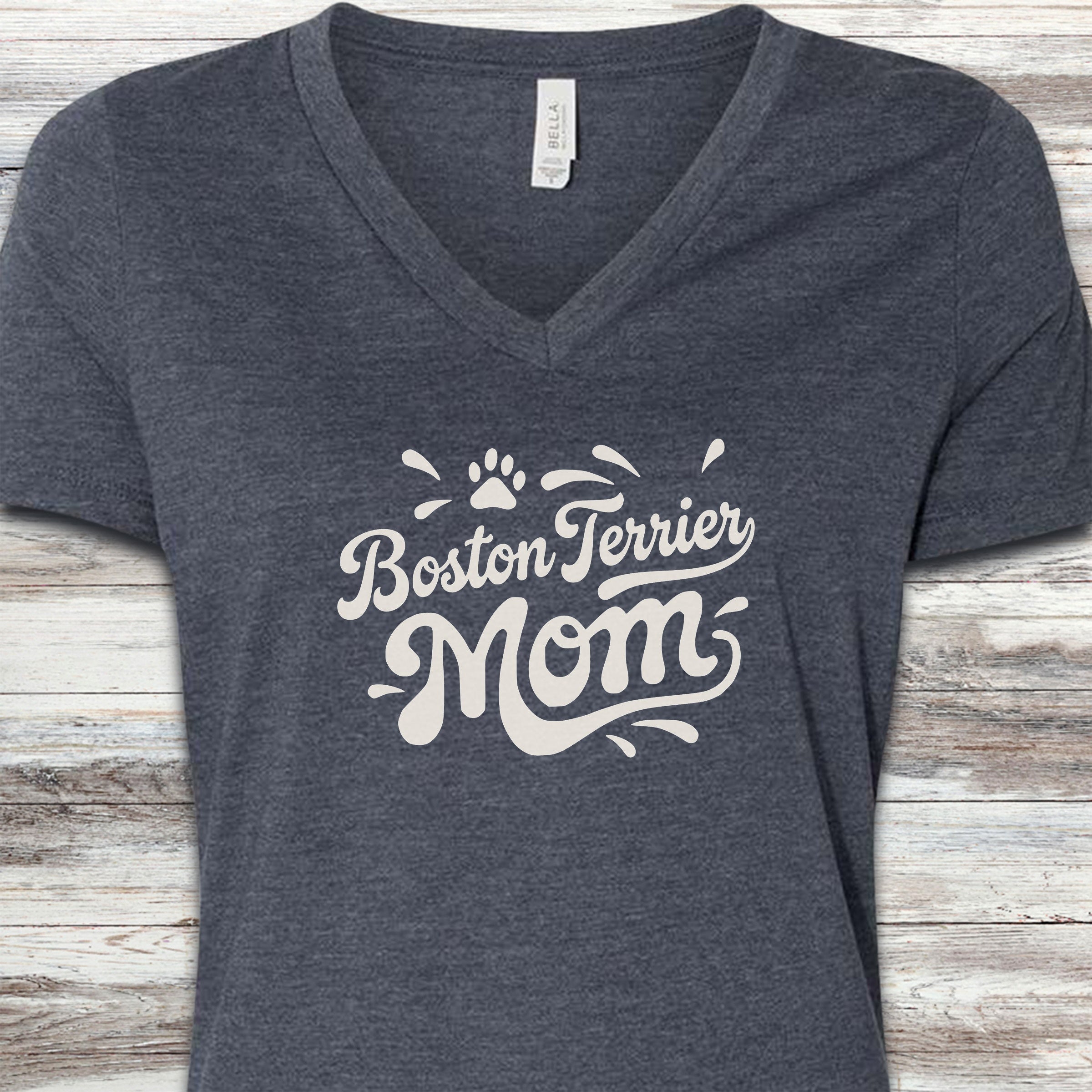Boston Terrier Groovy Mom V-Neck Tee - Heather Navy
