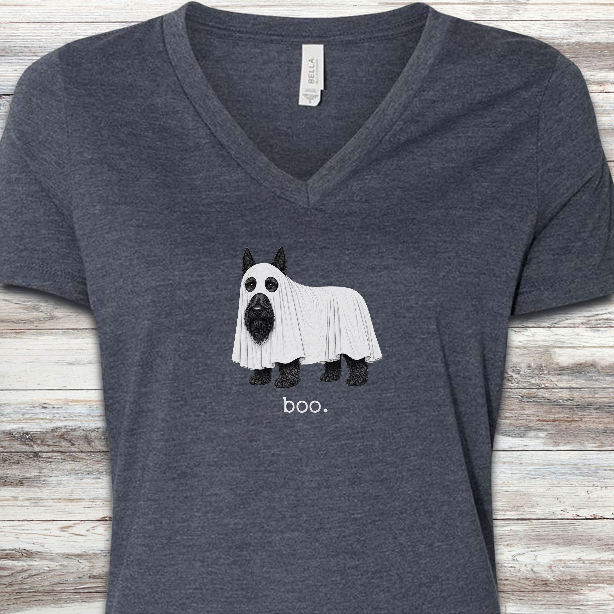 Scottish Terrier Boo V-Neck Tee - Heather Navy