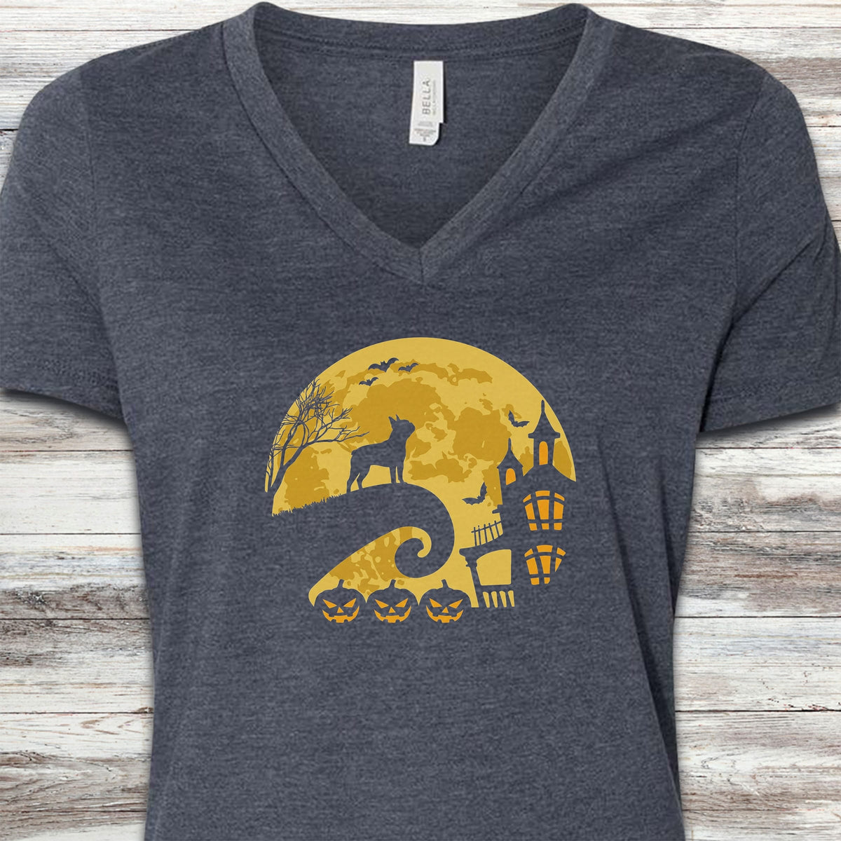 Boston Terrier Halloween Moon V-Neck Tee - Heather Navy
