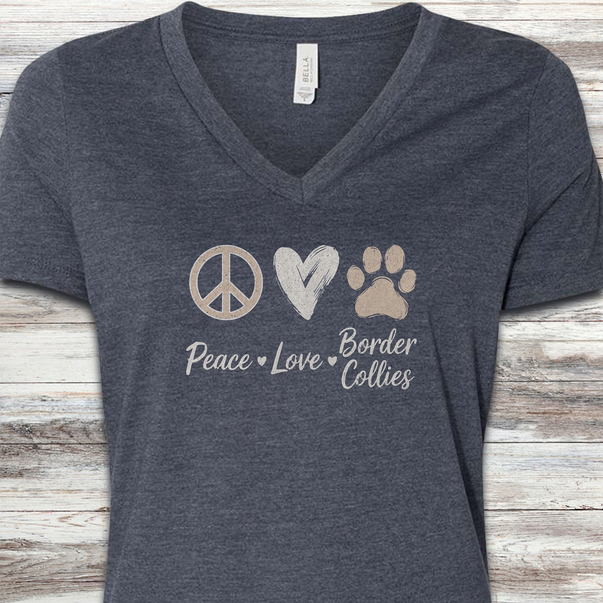 Border Collie Peace V-Neck Tee - Heather Navy