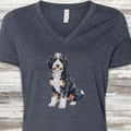 Bernedoodle Watercolor V-Neck Tee - Heather Navy