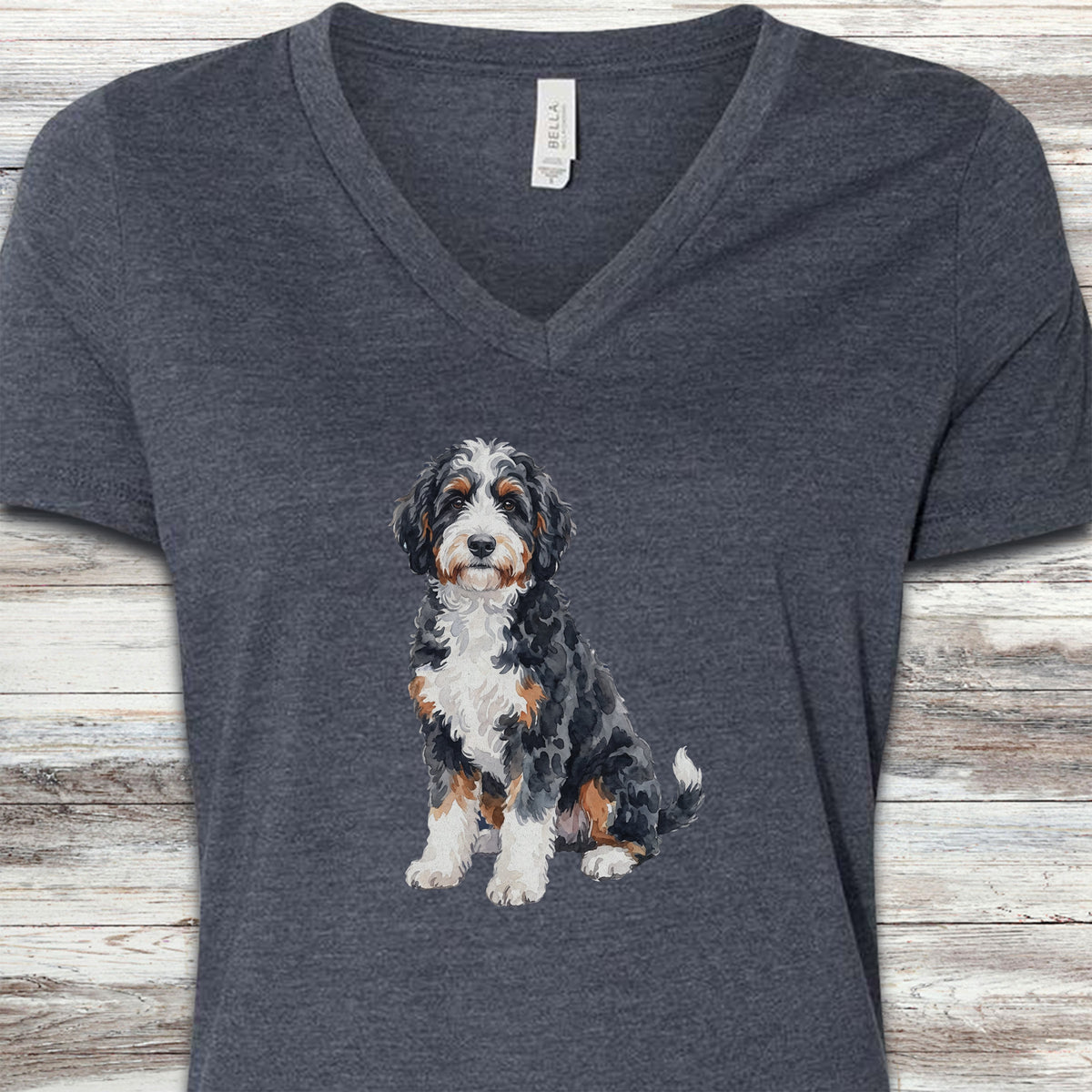 Bernedoodle Watercolor V-Neck Tee - Heather Navy