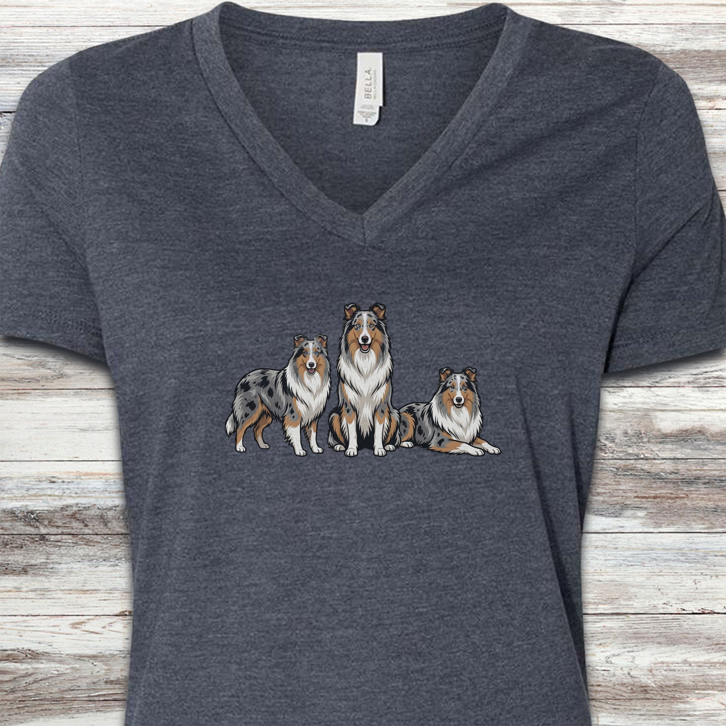 Australian Shepherd Blue Merle Trio V-Neck Tee - Heather Navy