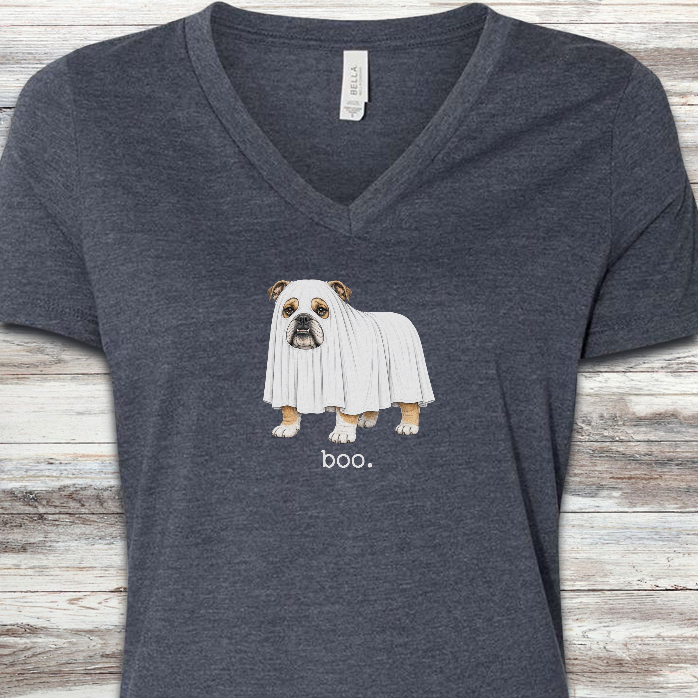 English Bulldog Boo V-Neck Tee - Heather Navy