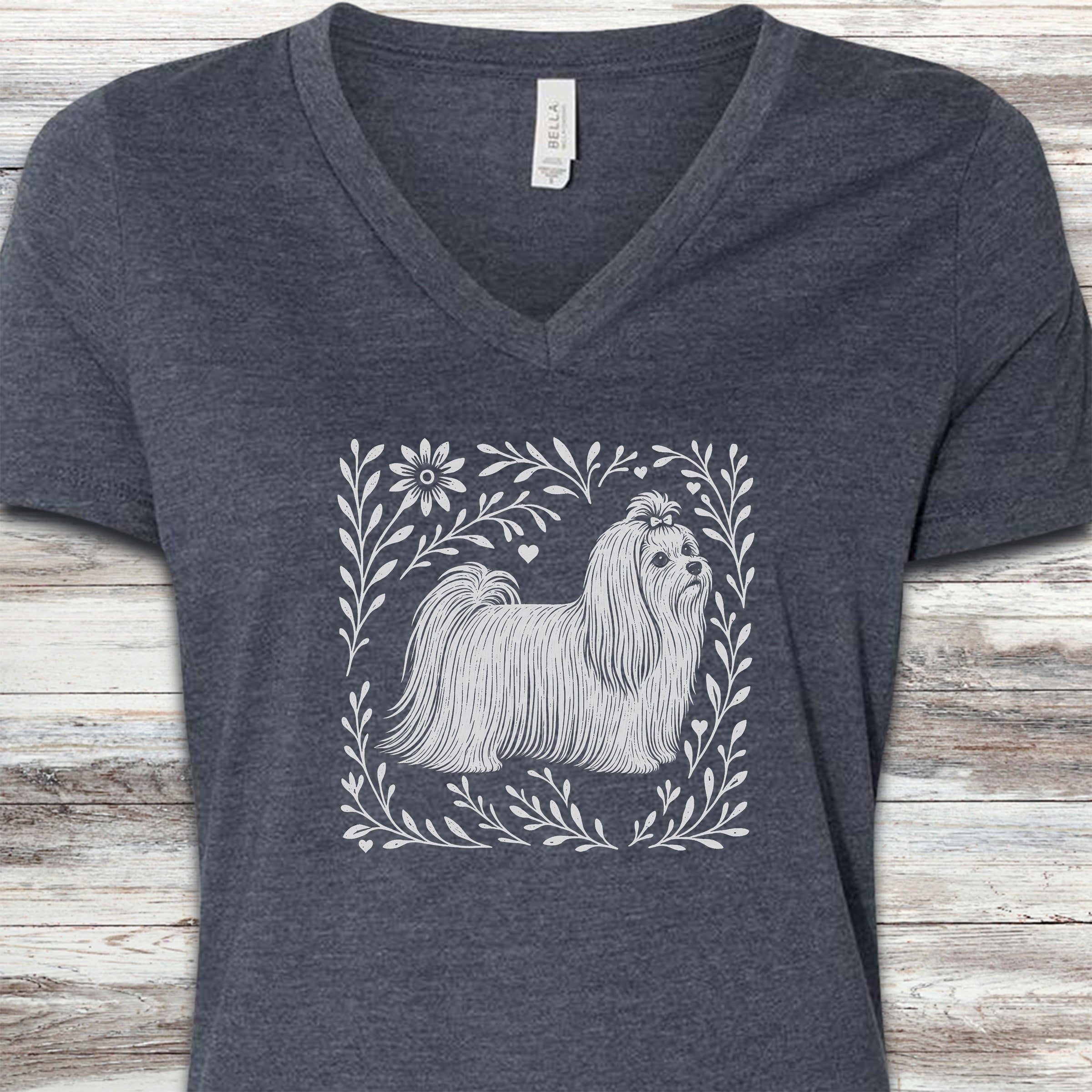 Maltese Linocut V-Neck Tee - Heather Navy