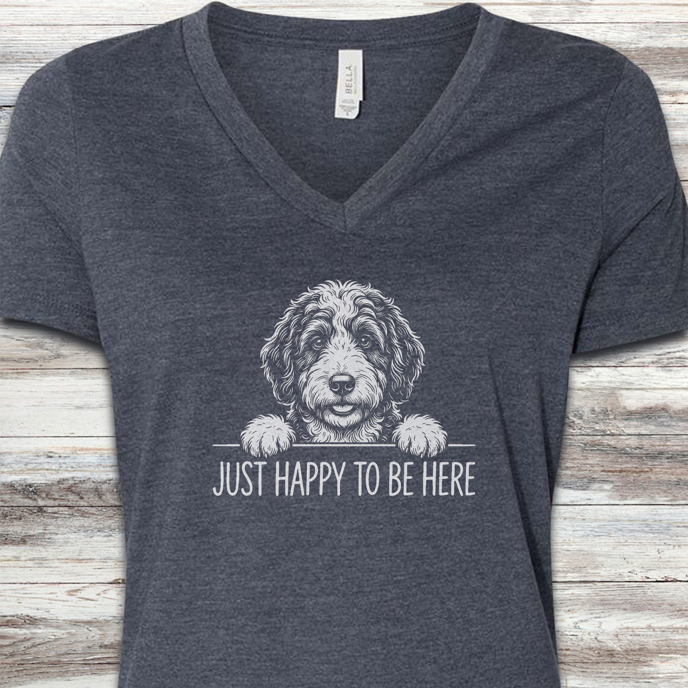 Bernedoodle Happy V-Neck Tee - Heather Navy