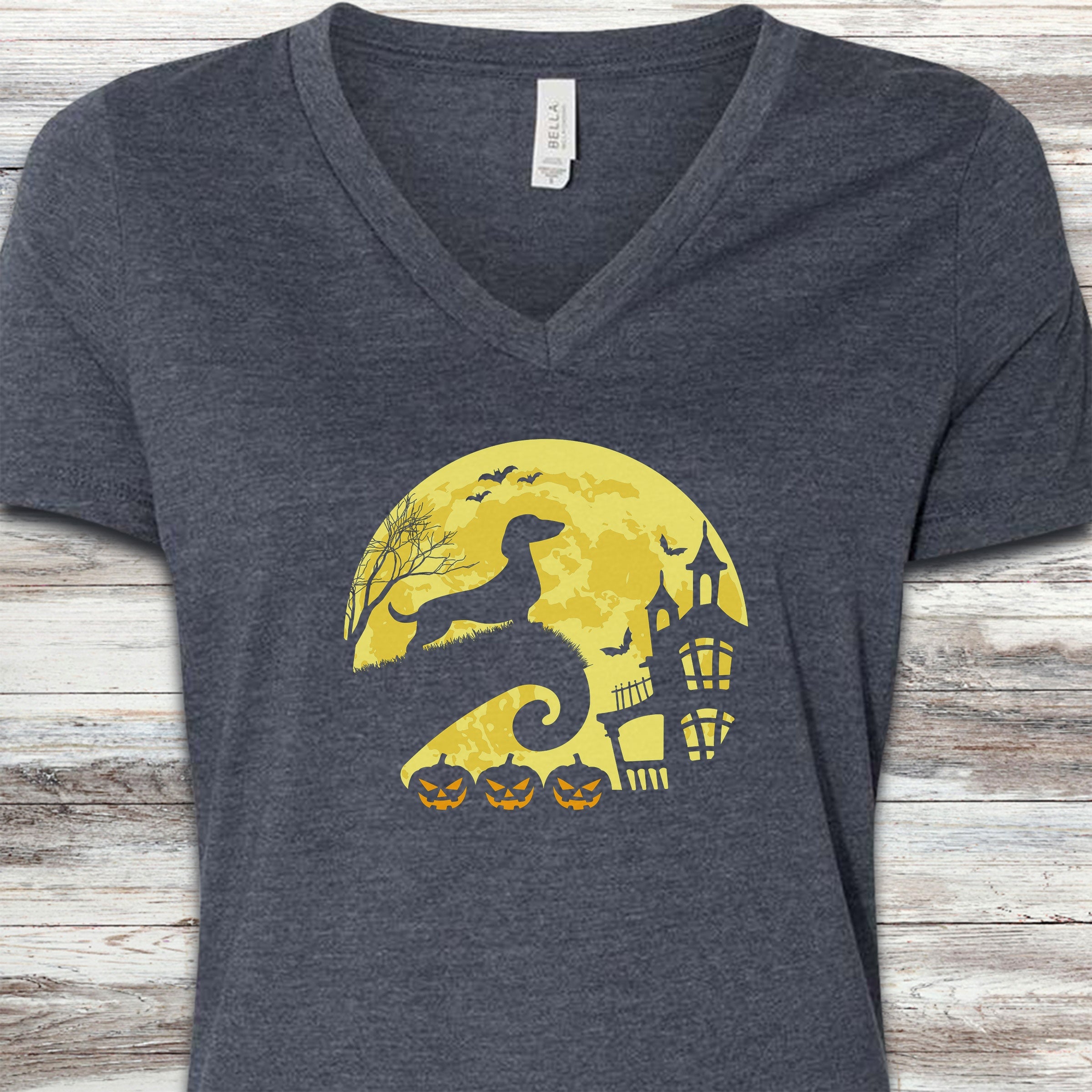 Dachshund Halloween Moon V-Neck Tee - Heather Navy