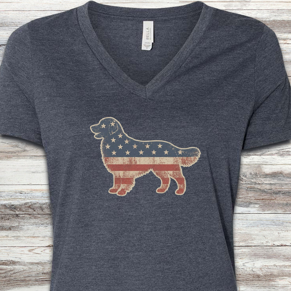 Golden Retriever Vintage USA V-Neck Tee - Heather Navy