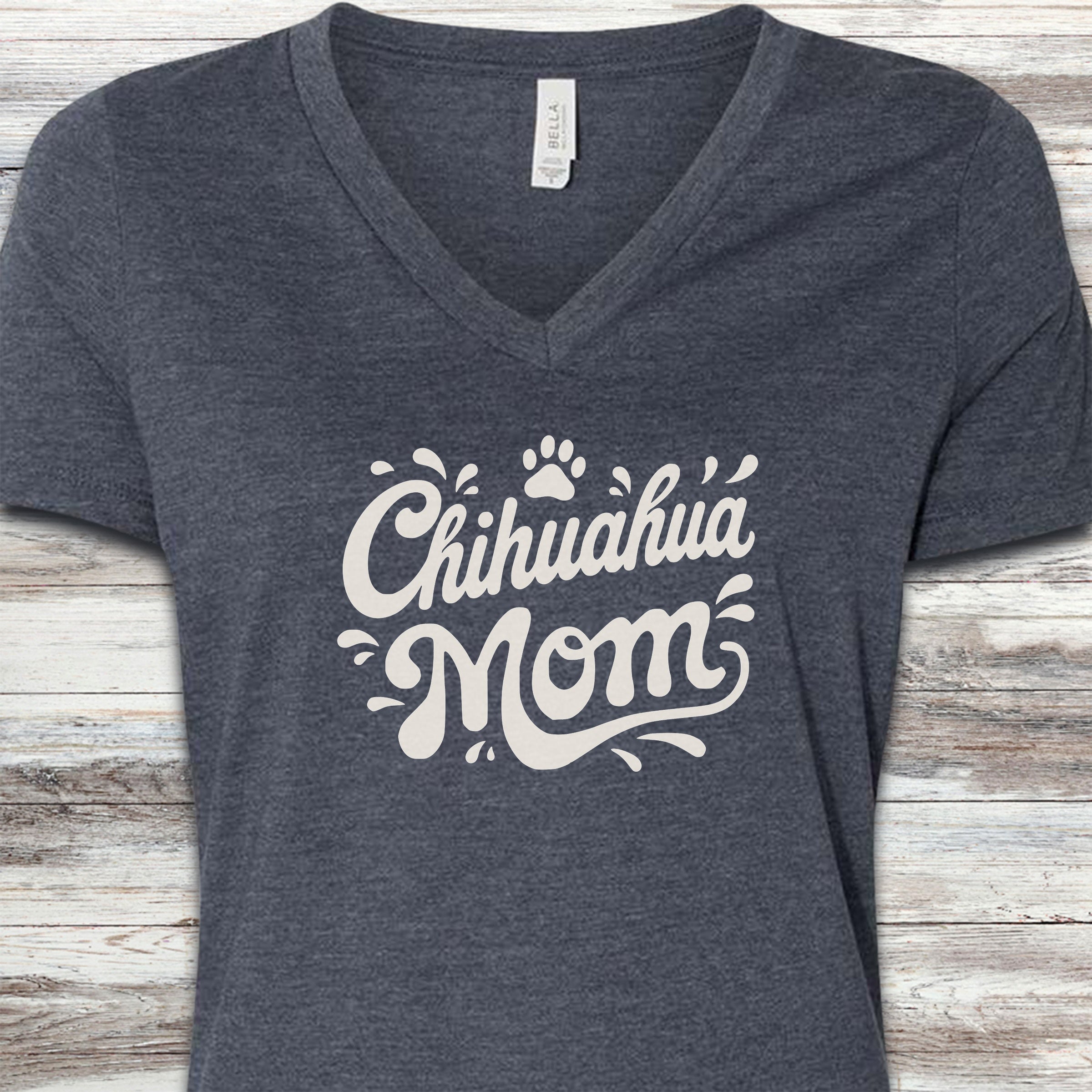 Chihuahua Groovy Mom V-Neck Tee - Heather Navy