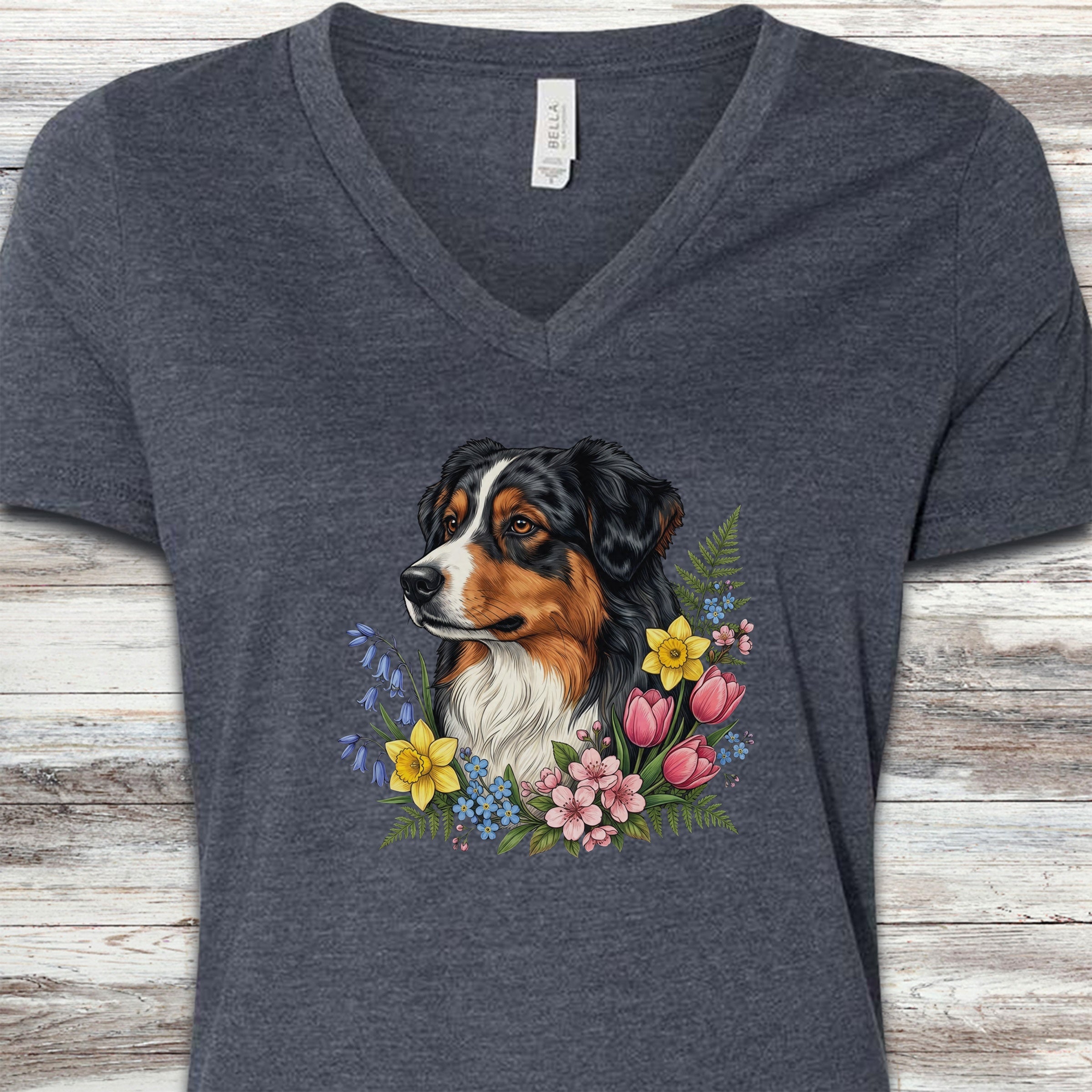 Australian Shepherd Tri Portrait V-Neck Tee - Heather Navy