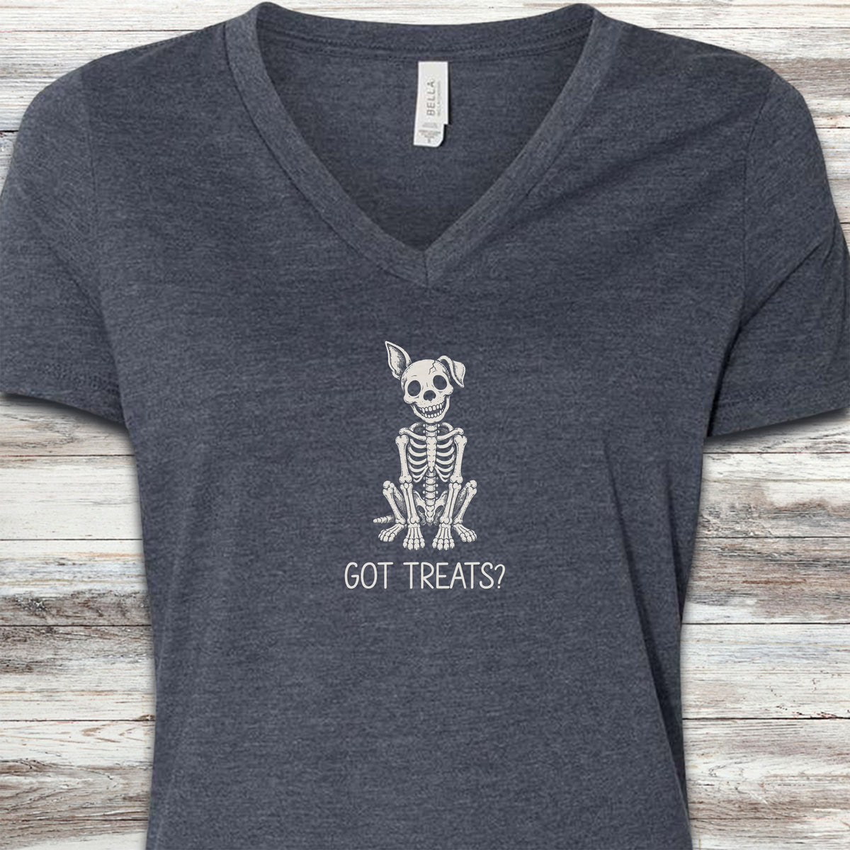Skelly Dog Got Treats V-Neck Tee - Heather Navy