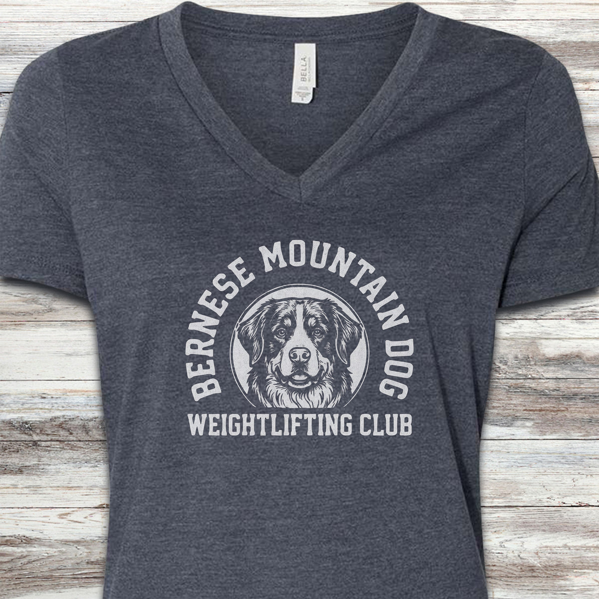 Bernese Mountain Dog Weightlifting V-Neck Tee - Heather Navy