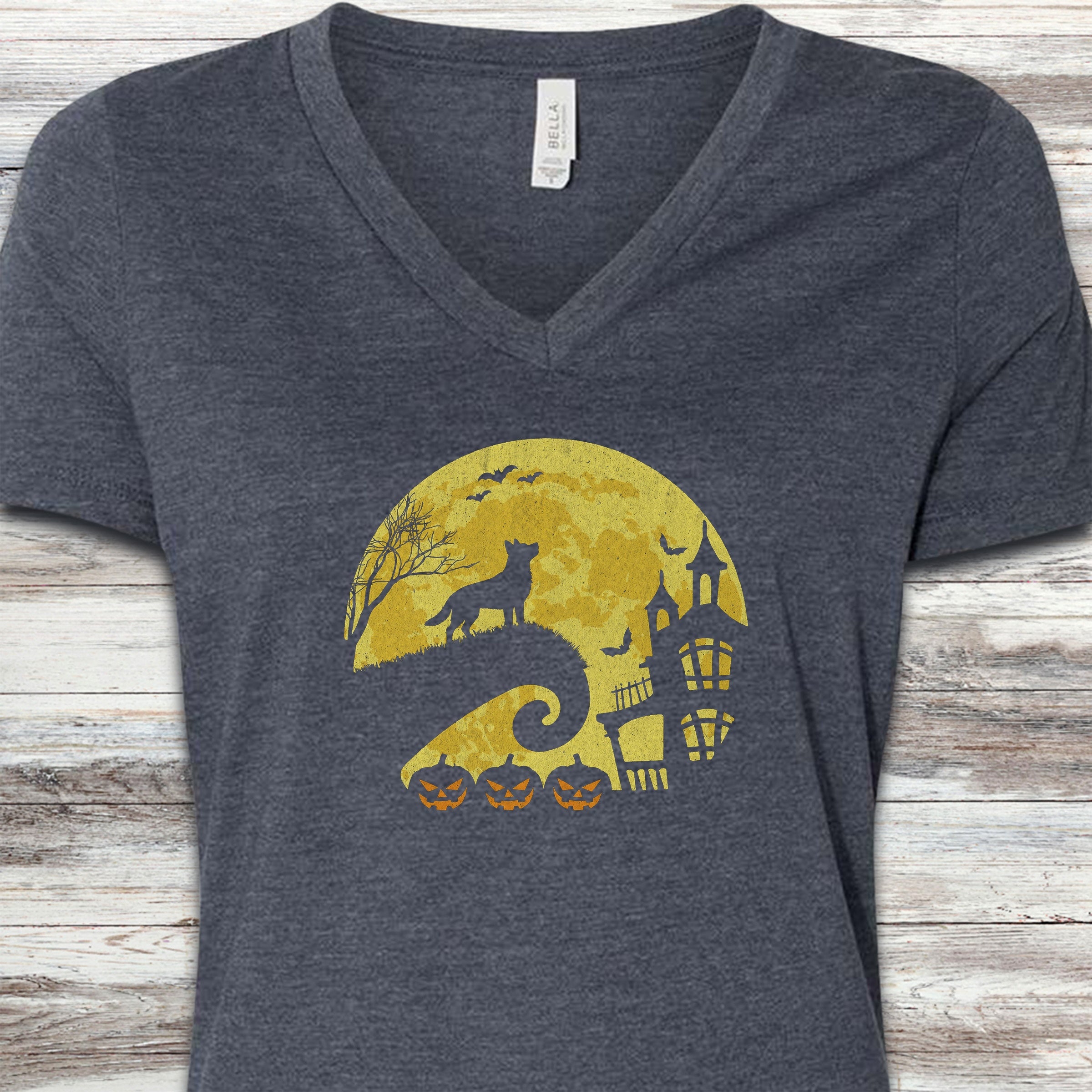 Australian Shepherd Halloween Moon V-Neck Tee - Heather Navy