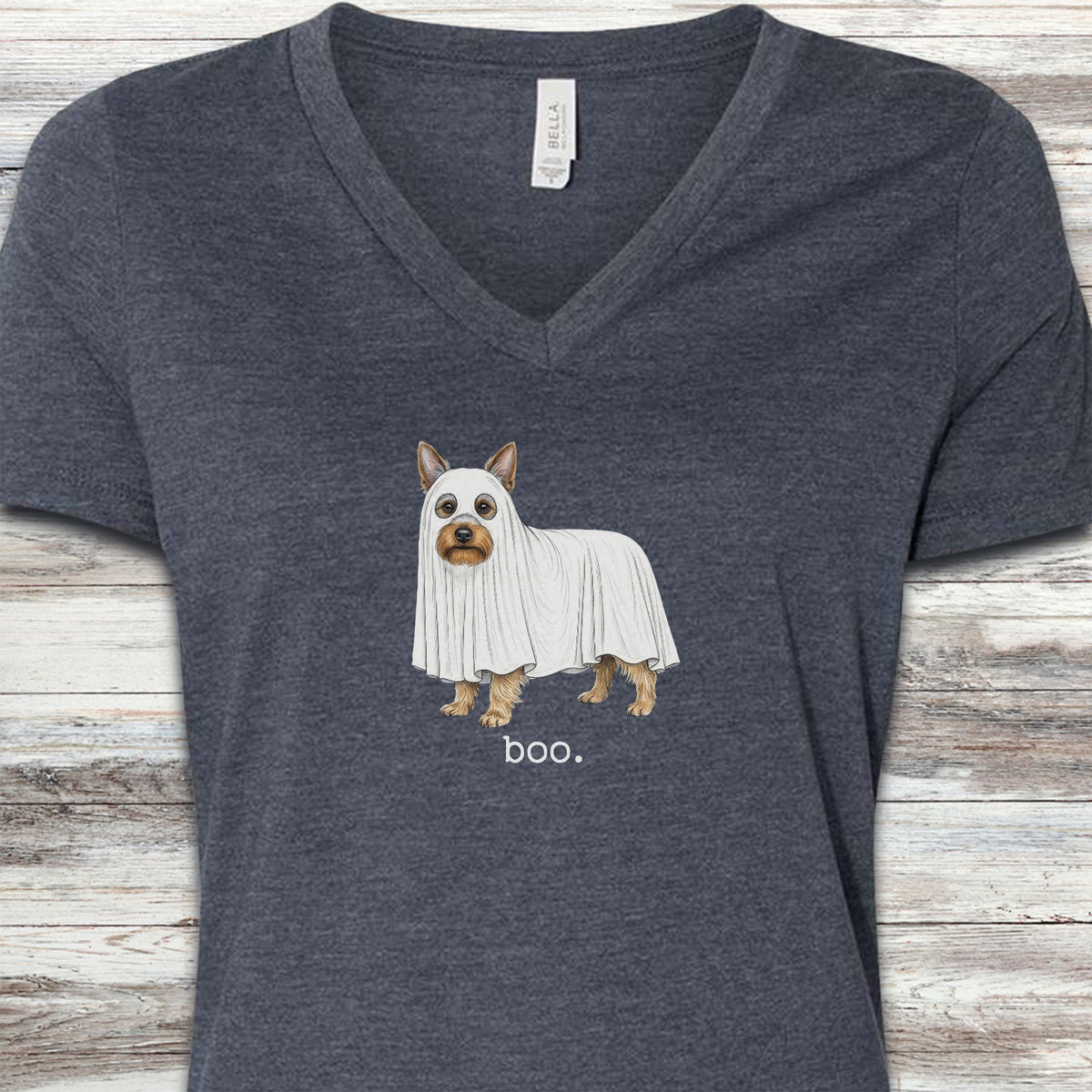 Silky Terrier Boo V-Neck Tee - Heather Navy