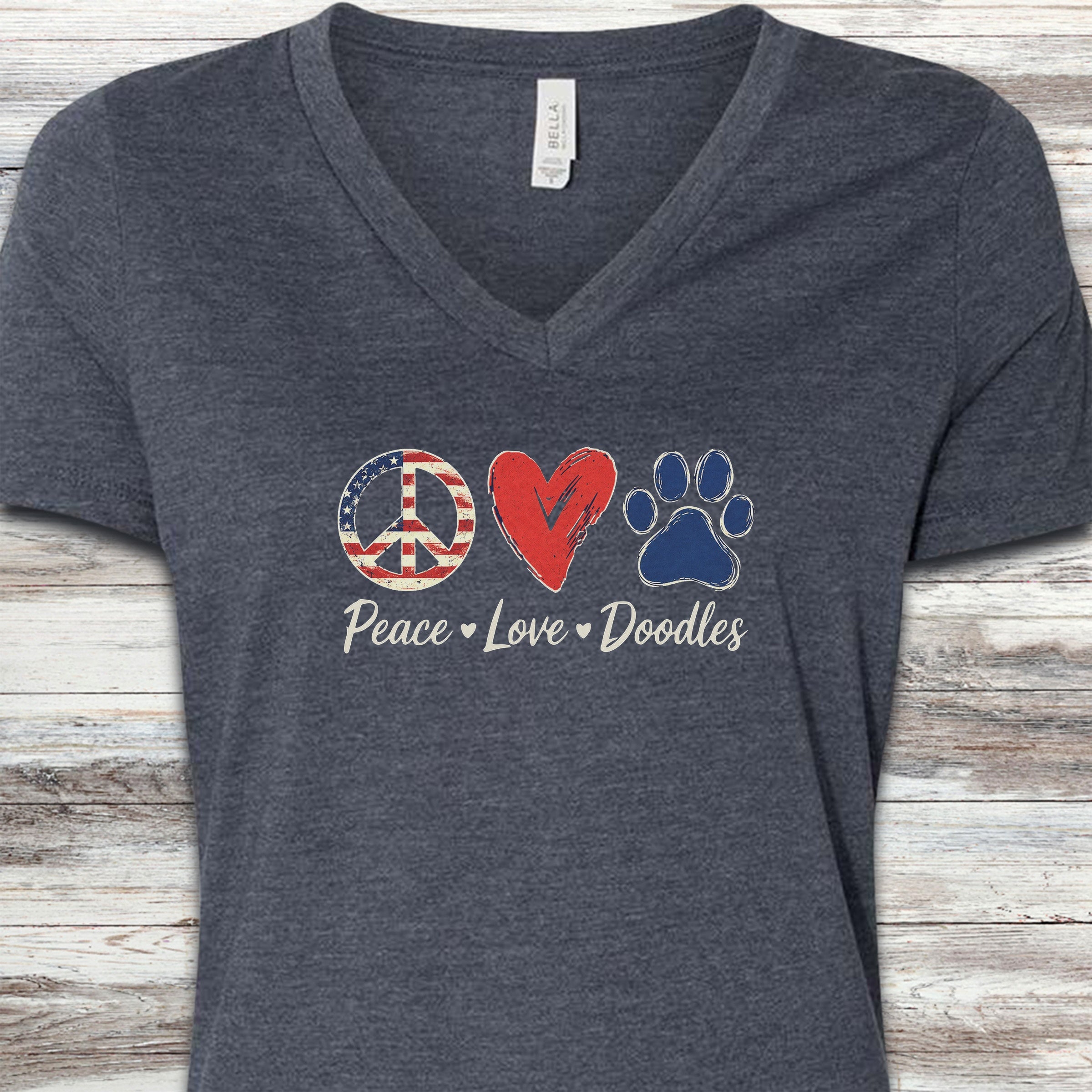 Peace Love Doodles USA V-Neck Tee - Heather Navy