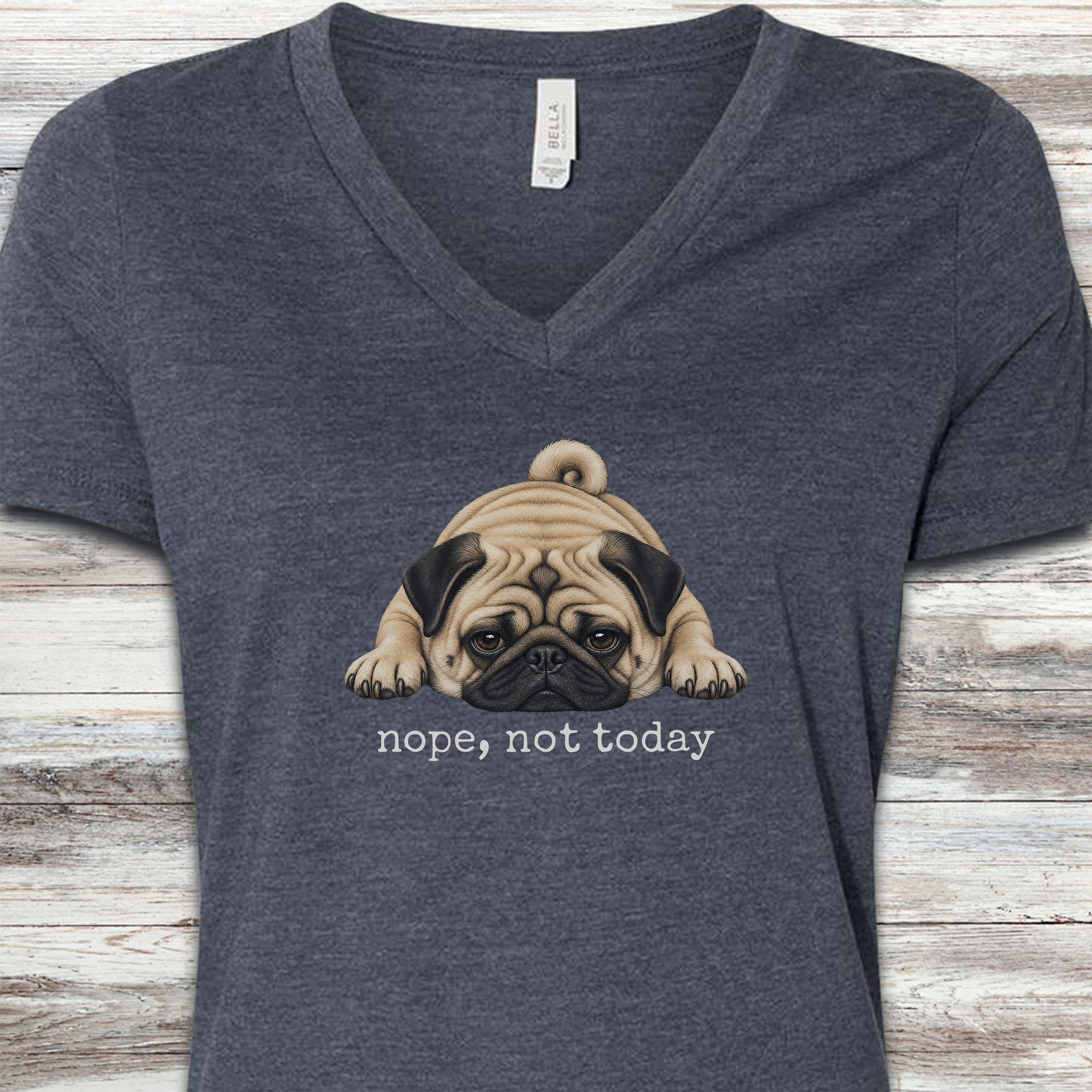 Pug Nope V-Neck Tee - Heather Navy