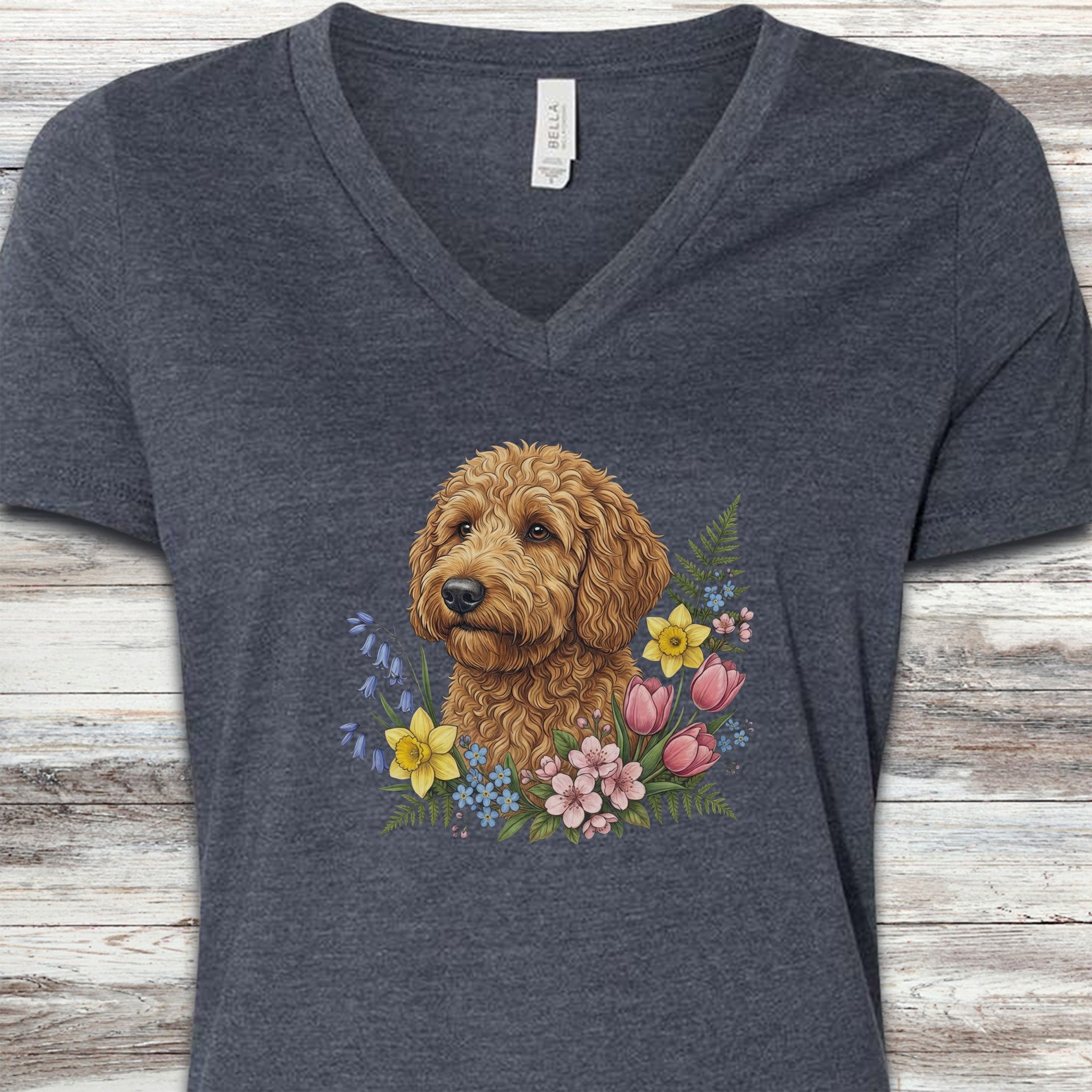 Goldendoodle Spring Portrait V-Neck Tee - Heather Navy