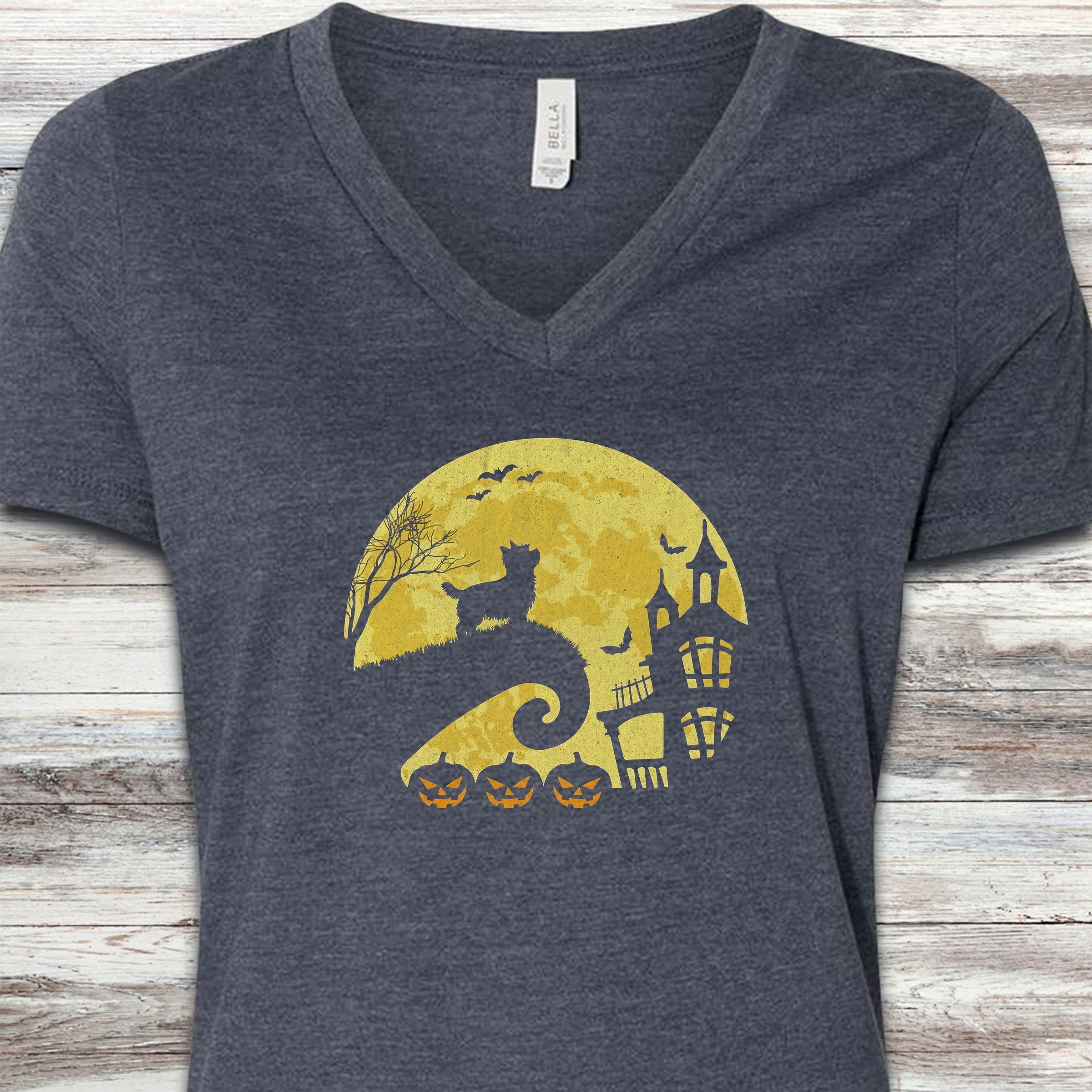 Yorkshire Terrier Halloween Moon V-Neck Tee - Heather Navy
