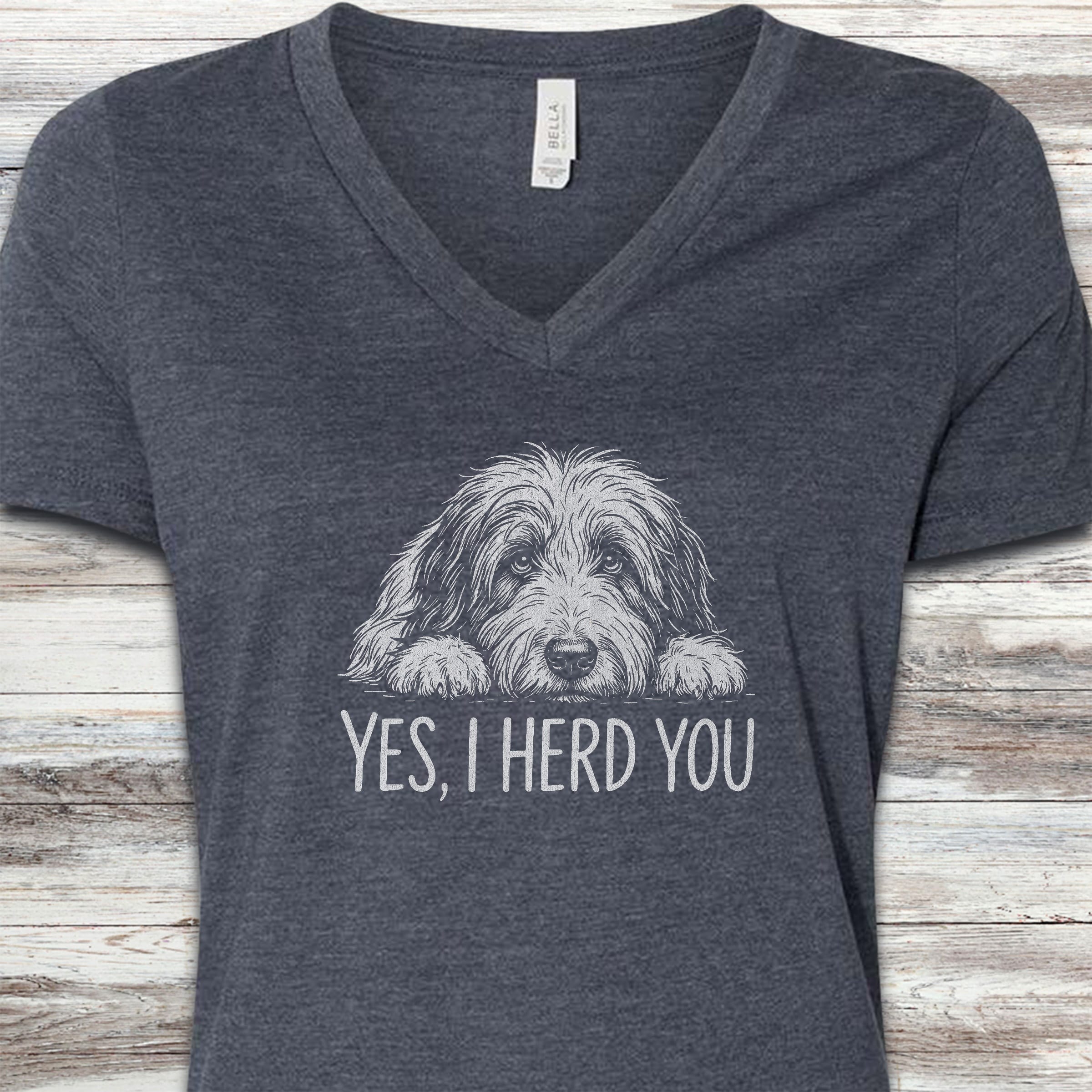 Bearded Collie Herd You V-Neck Tee - Heather Navy
