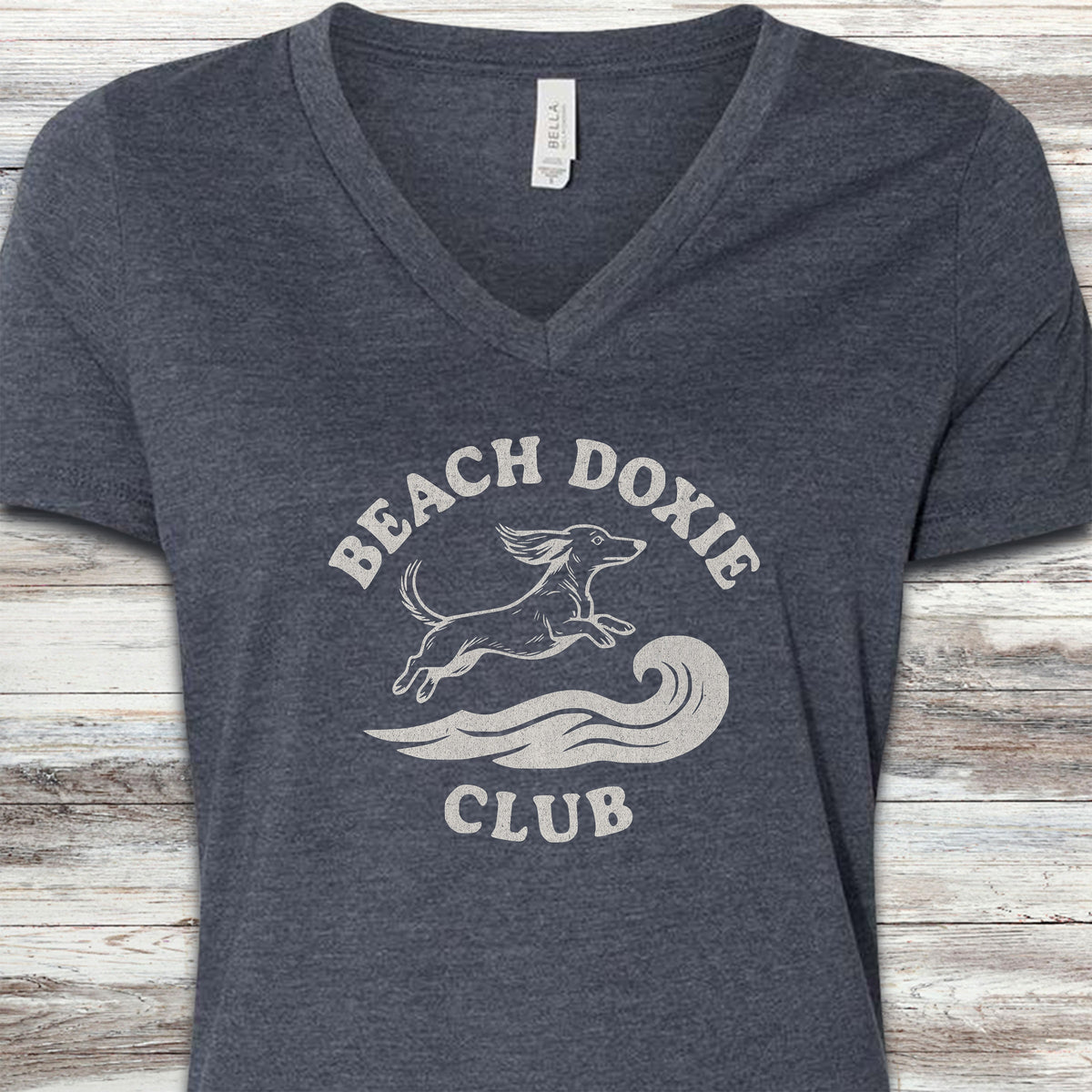 Dachshund Beach Doxie V-Neck Tee - Heather Navy