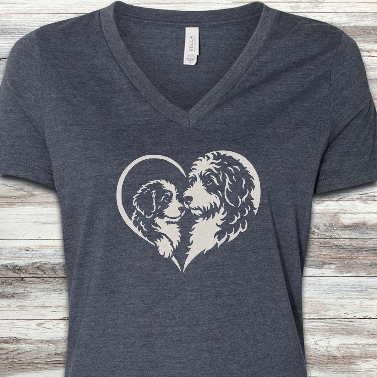 Bernedoodle Heart Bond V-Neck Tee - Heather Navy