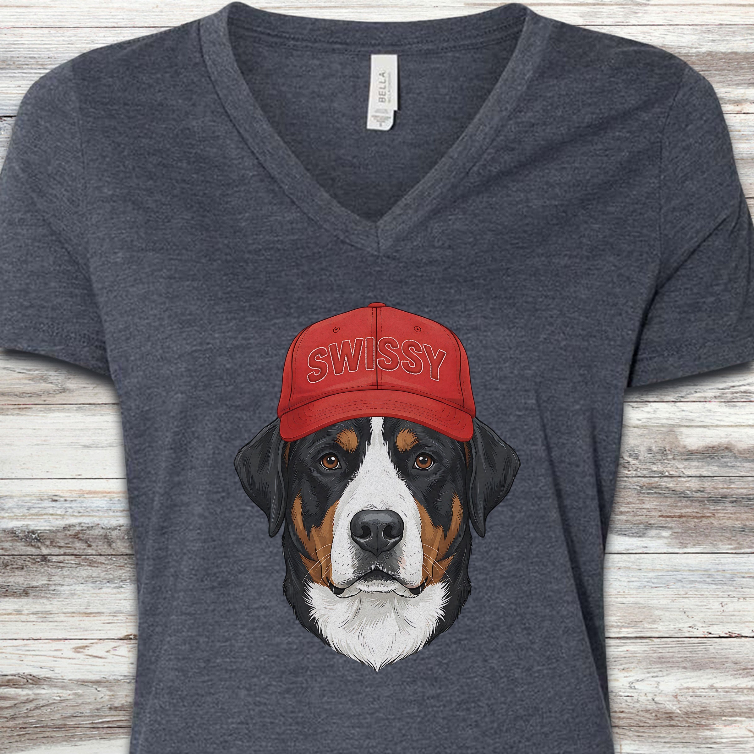 Swiss Mountain Dog Swissy Hat V-Neck Tee - Heather Navy