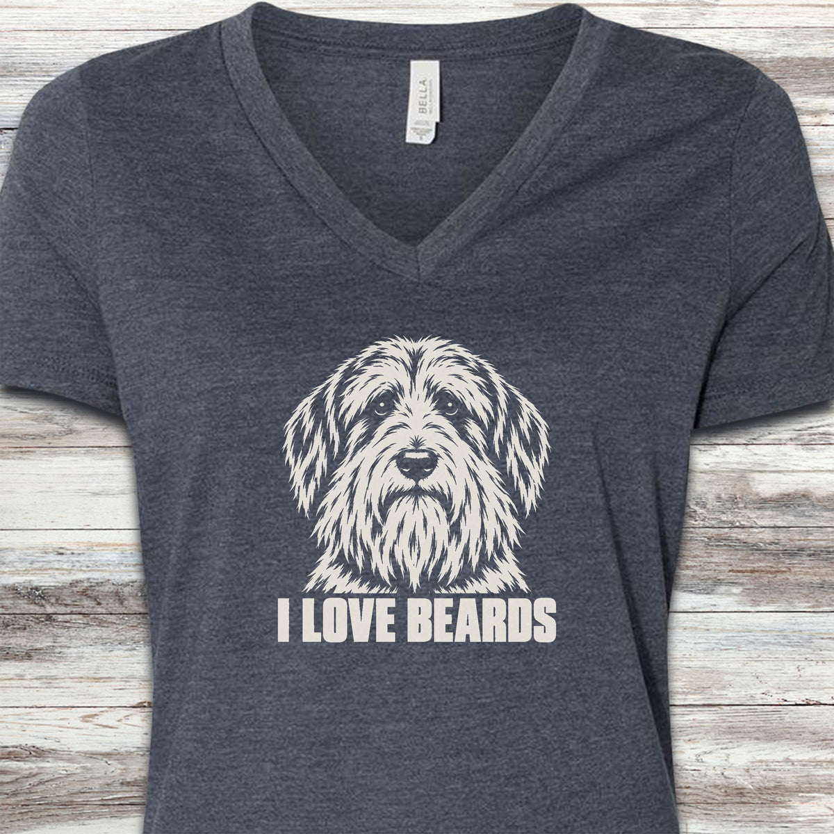 Bearded Collie I Love Beards V-Neck Tee - Heather Navy