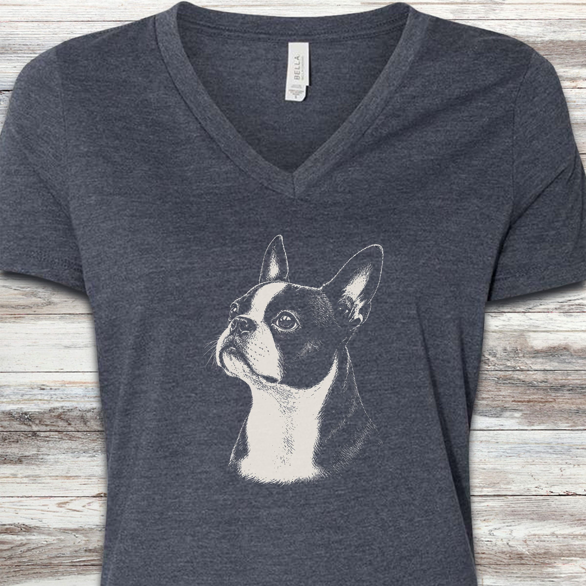 Boston Terrier Loyalty V-Neck Tee - Heather Navy