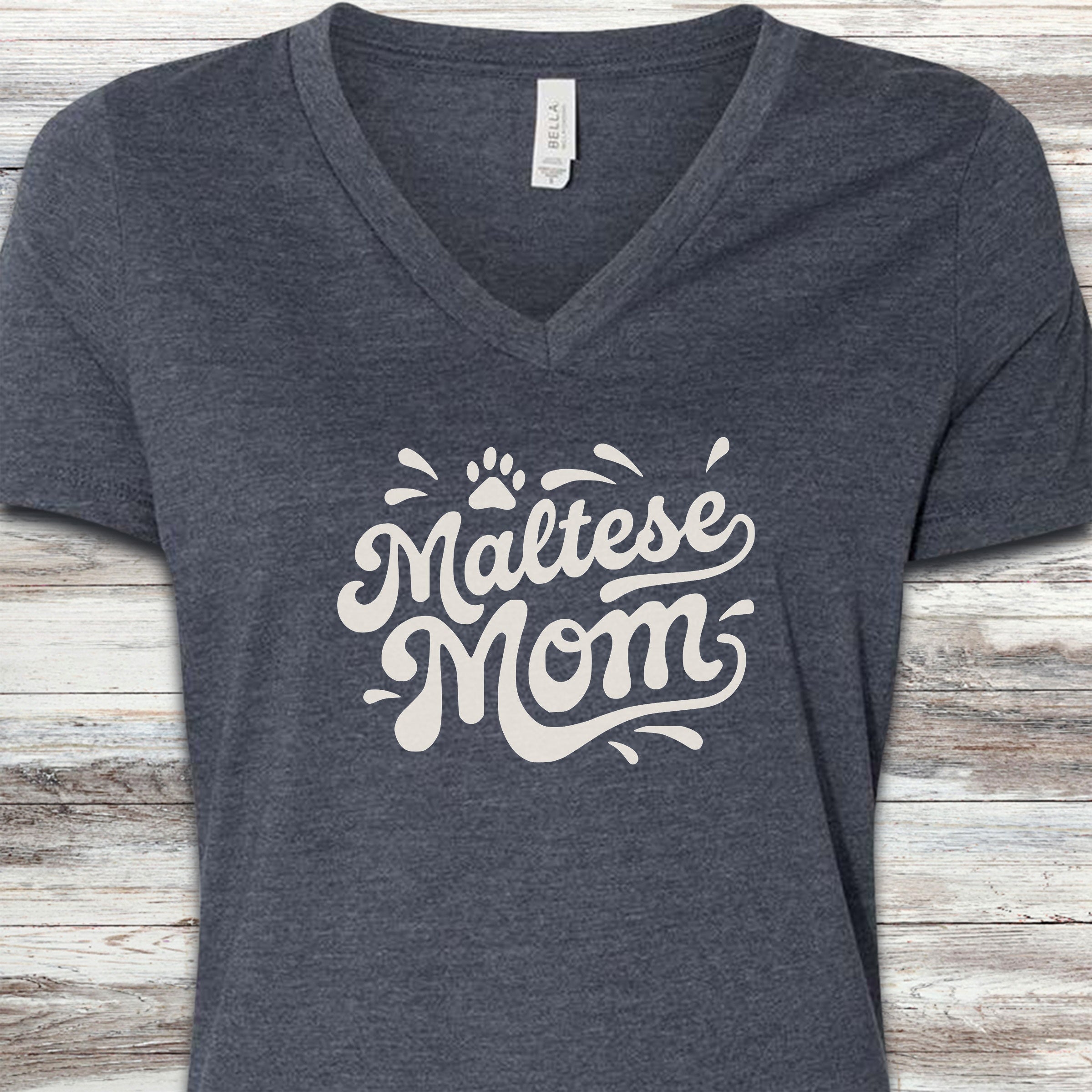 Maltese Groovy Mom V-Neck Tee - Heather Navy