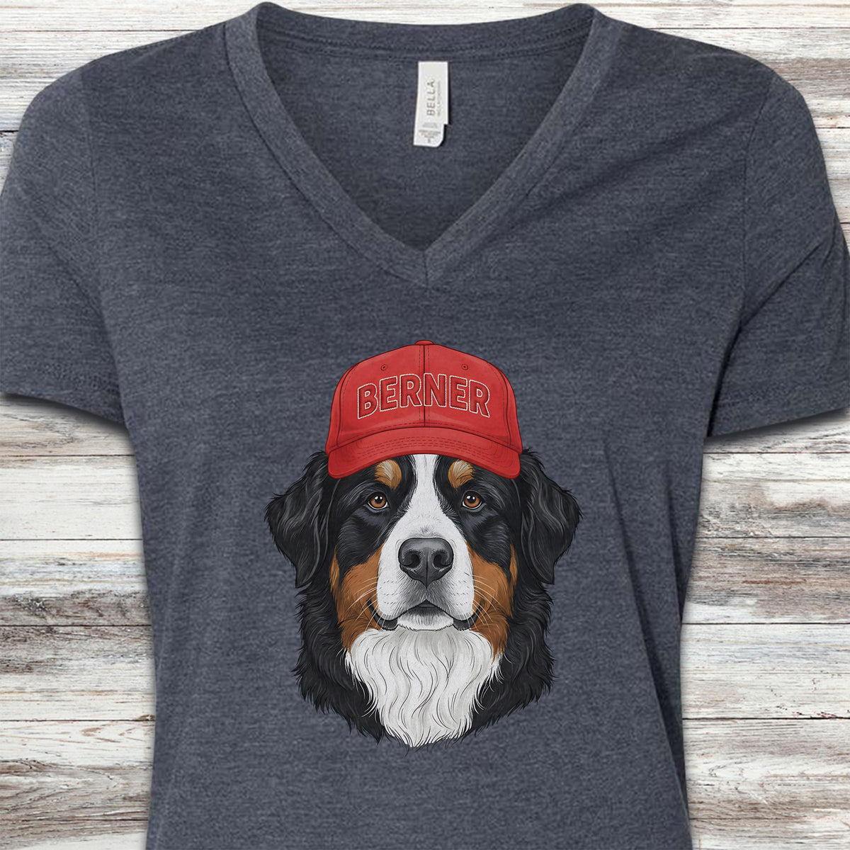 Bernese Mountain Dog Berner Hat V-Neck Tee - Heather Navy