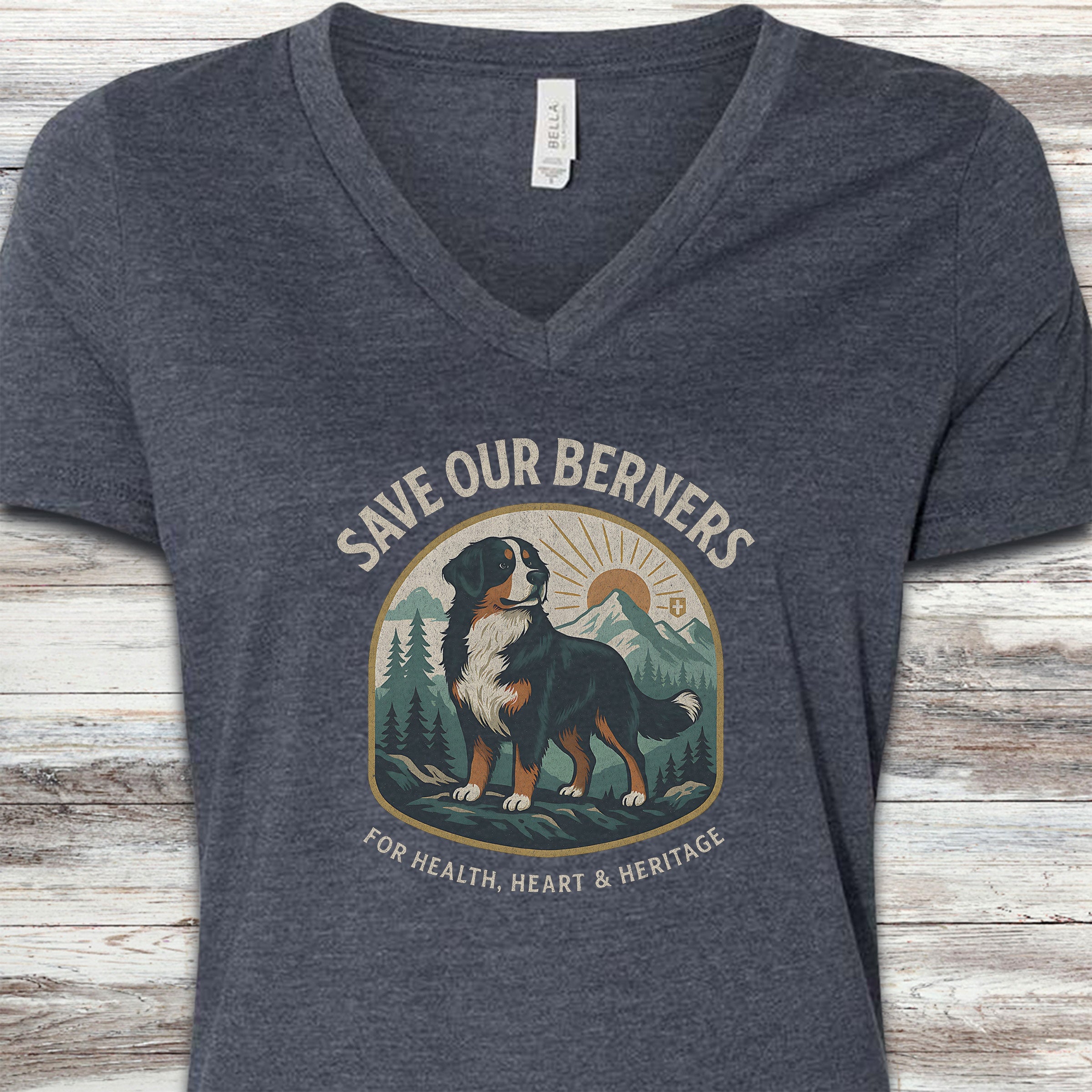 Bernese Mountain Dog Save Berners V-Neck Tee - Heather Navy