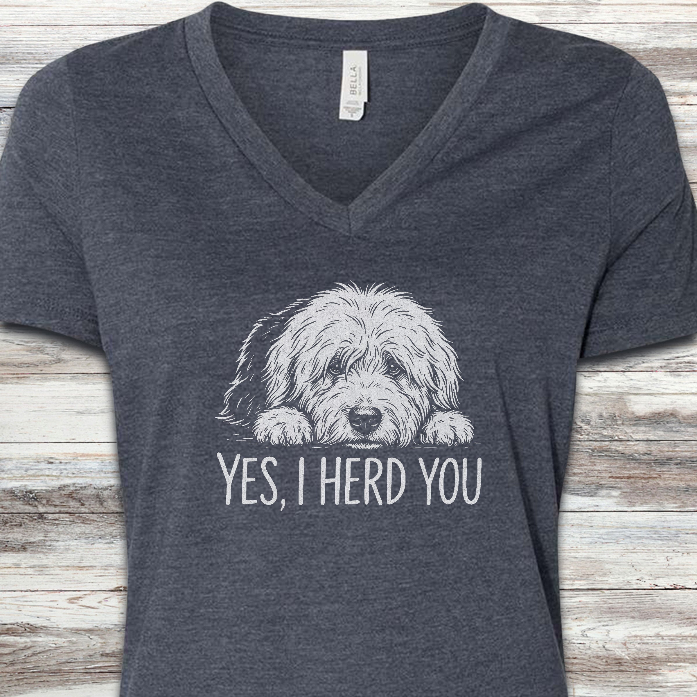 Old English Sheepdog Herd You V-Neck Tee - Heather Navy
