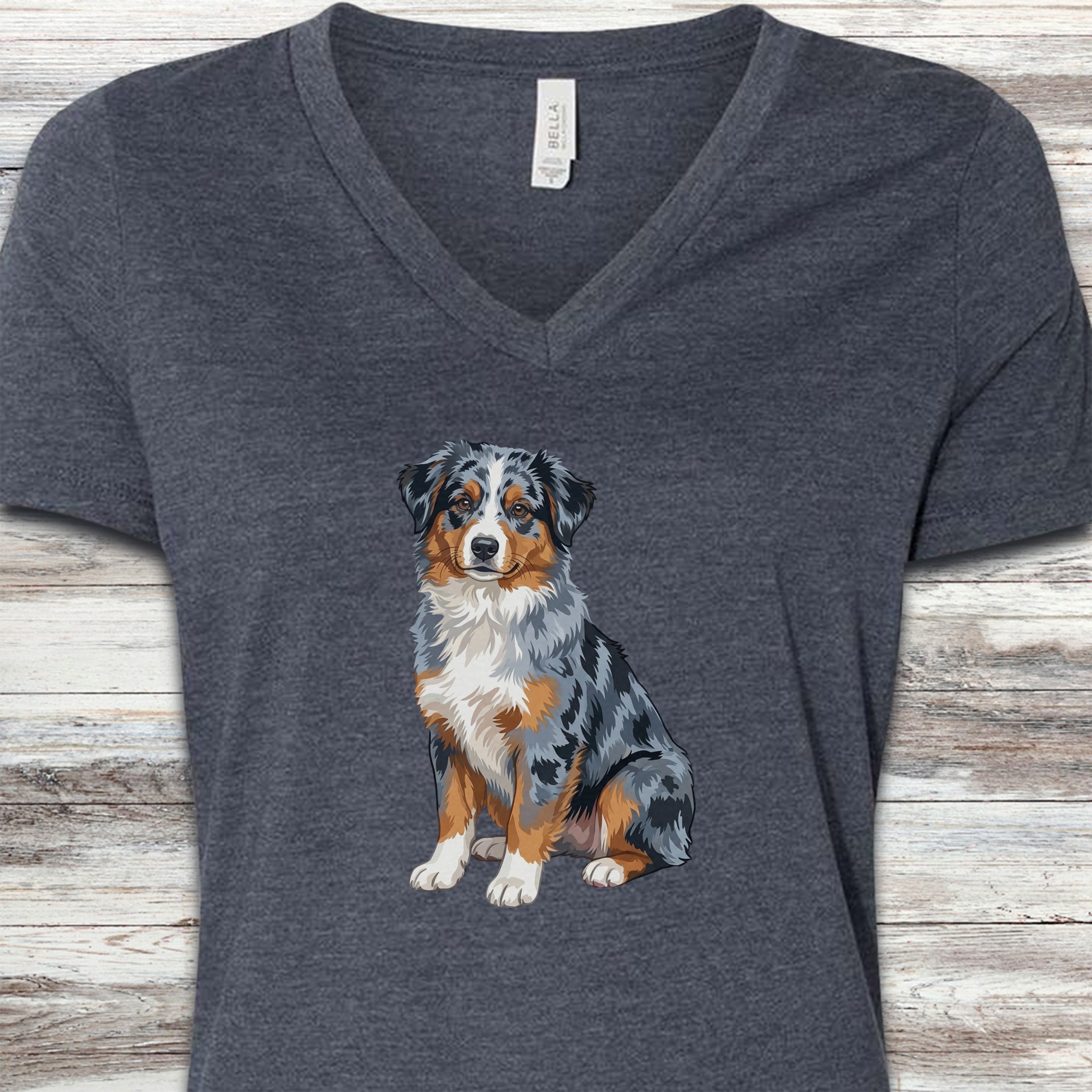 Australian Shepherd Merle Watercolor V-Neck Tee - Heather Navy