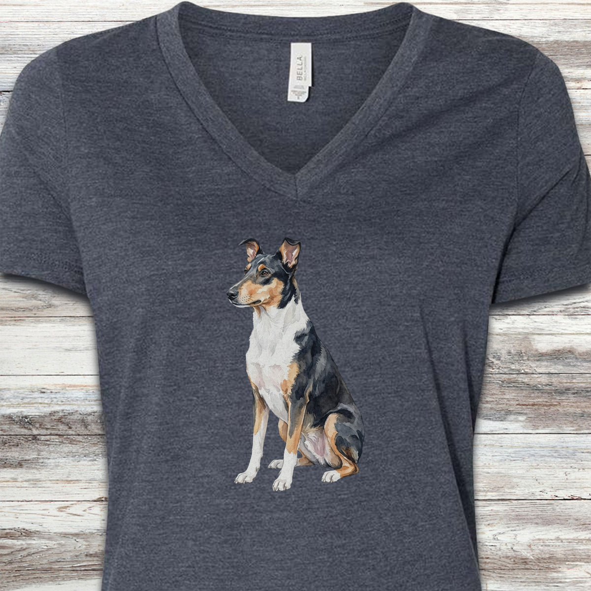 Smooth Collie Watercolor V-Neck Tee - Heather Navy