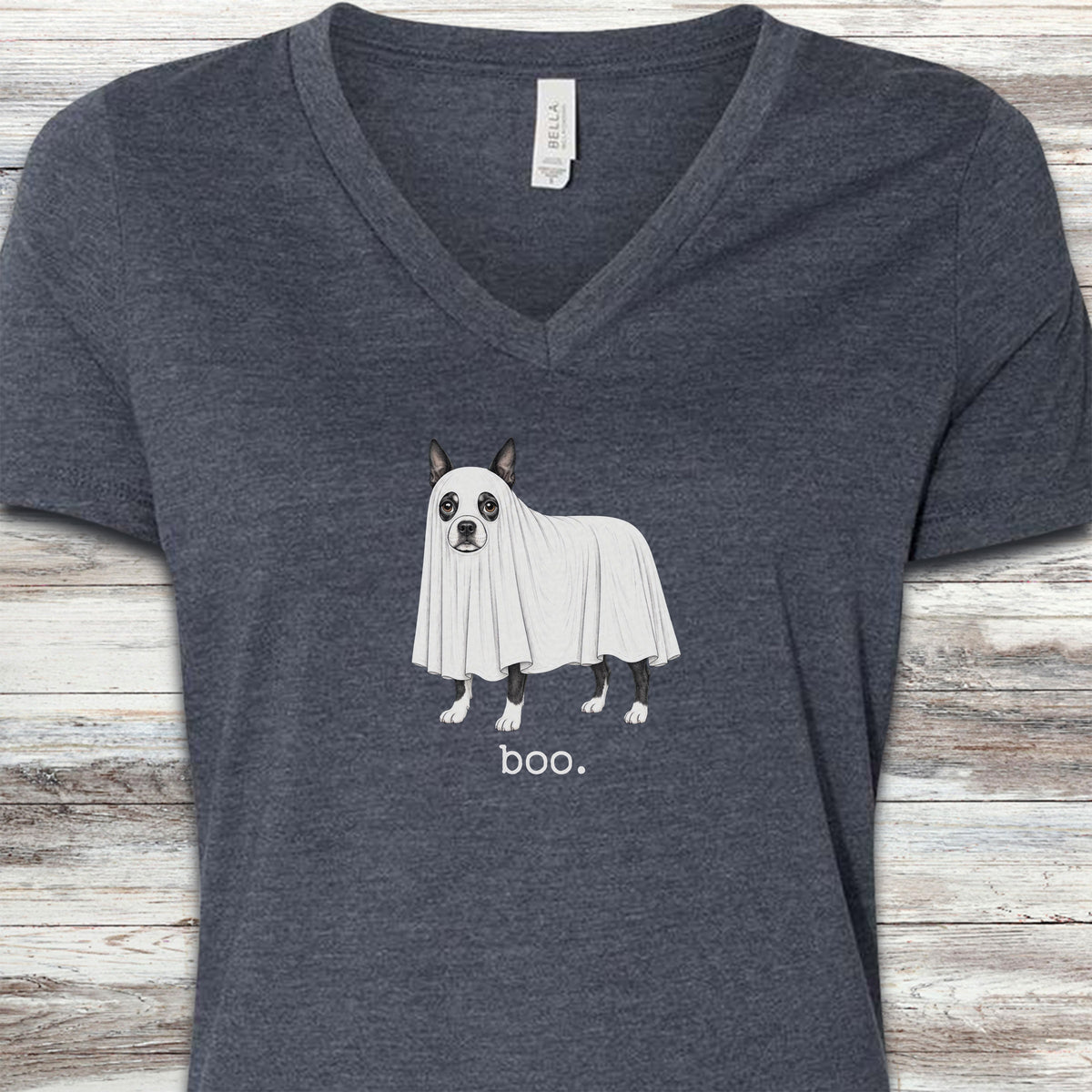 Boston Terrier Boo V-Neck Tee - Heather Navy
