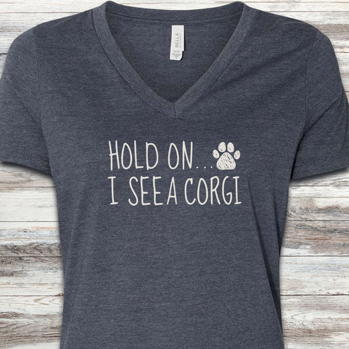 Corgi Hold On V-Neck Tee - Heather Navy