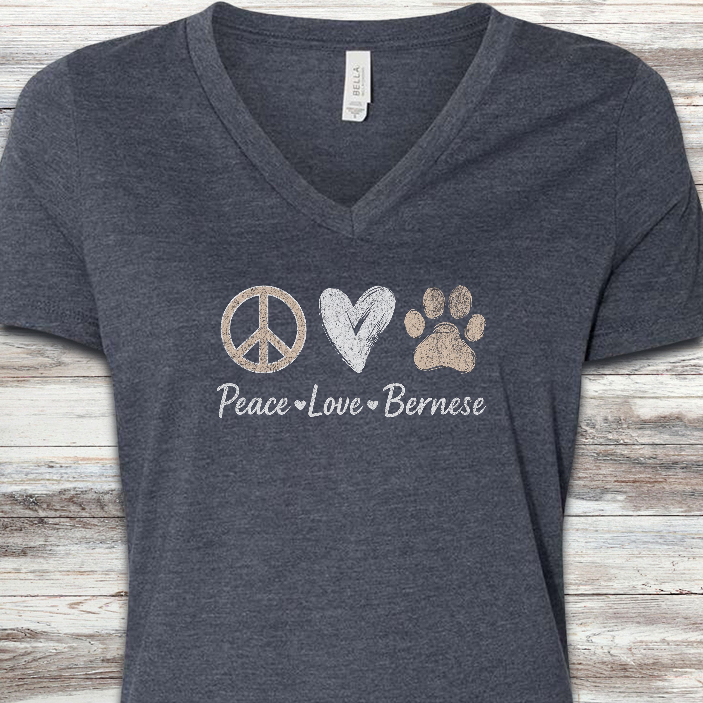 Bernese Mountain Dog Peace V-Neck Tee - Heather Navy