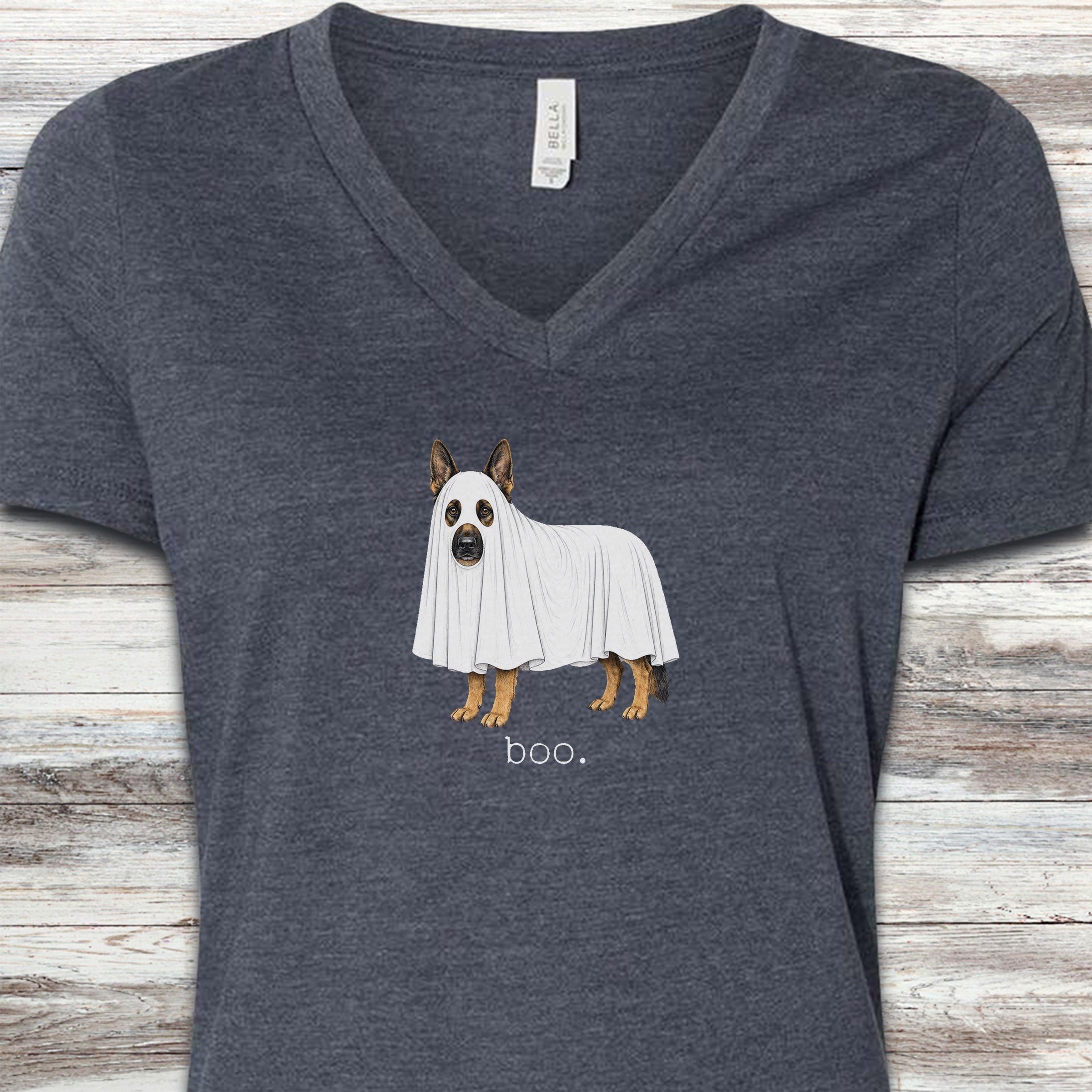German Shepherd Boo V-Neck Tee - Heather Navy